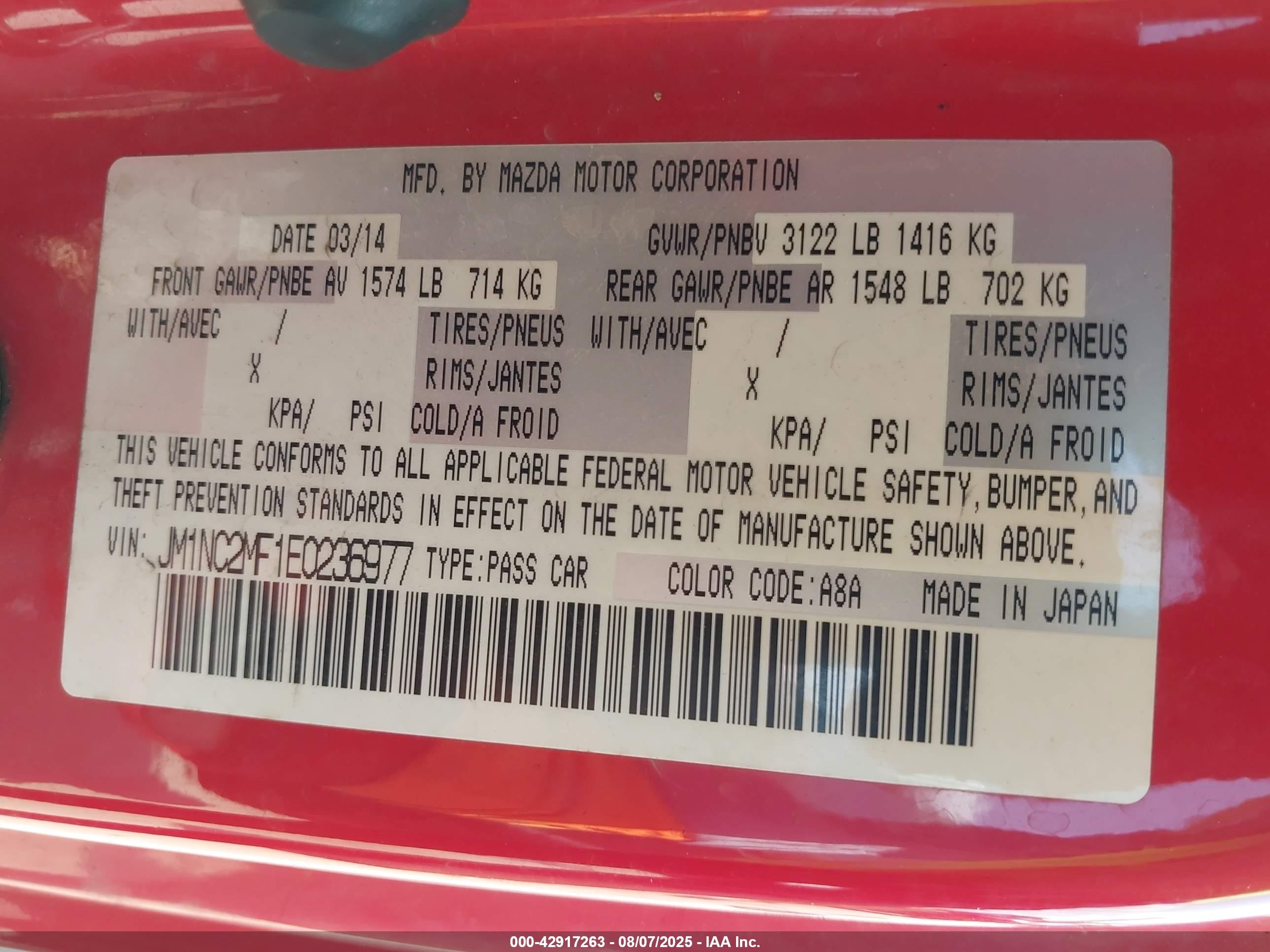 2014 Mazda Mx-5 Miata Club Red vin: JM1NC2MF1E0236977