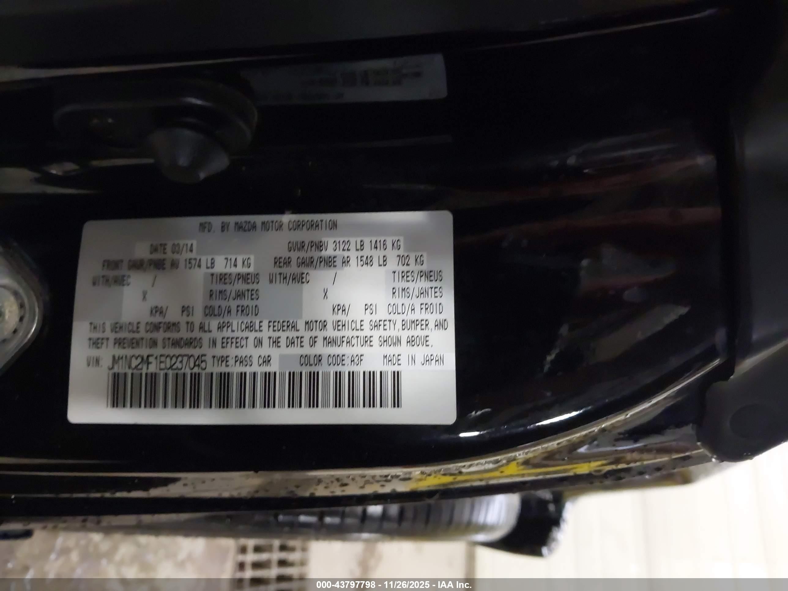 2014 Mazda Mx-5 Miata Club Black vin: JM1NC2MF1E0237045