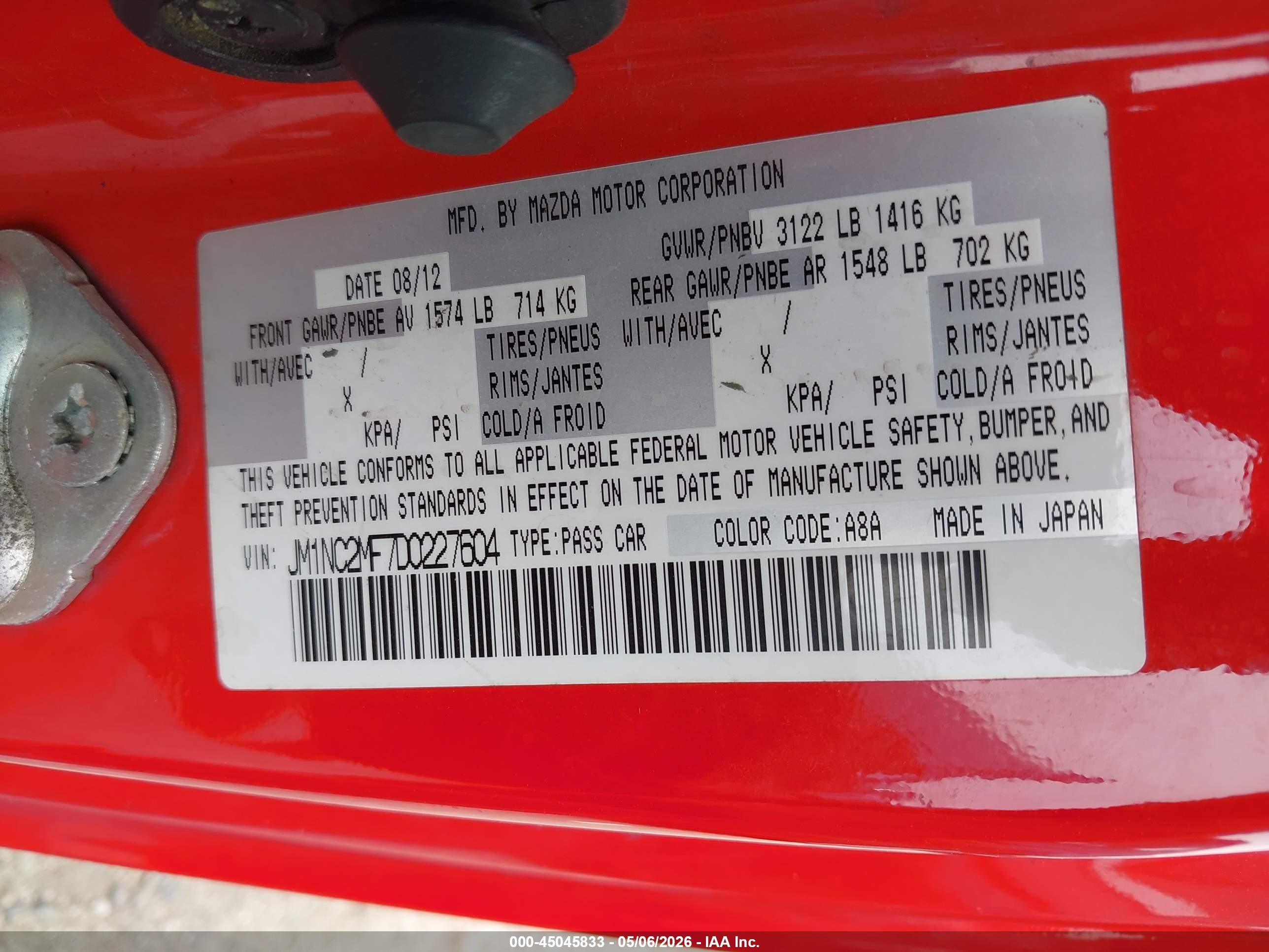2013 Mazda Mx-5 Miata Club Red vin: JM1NC2MF7D0227604