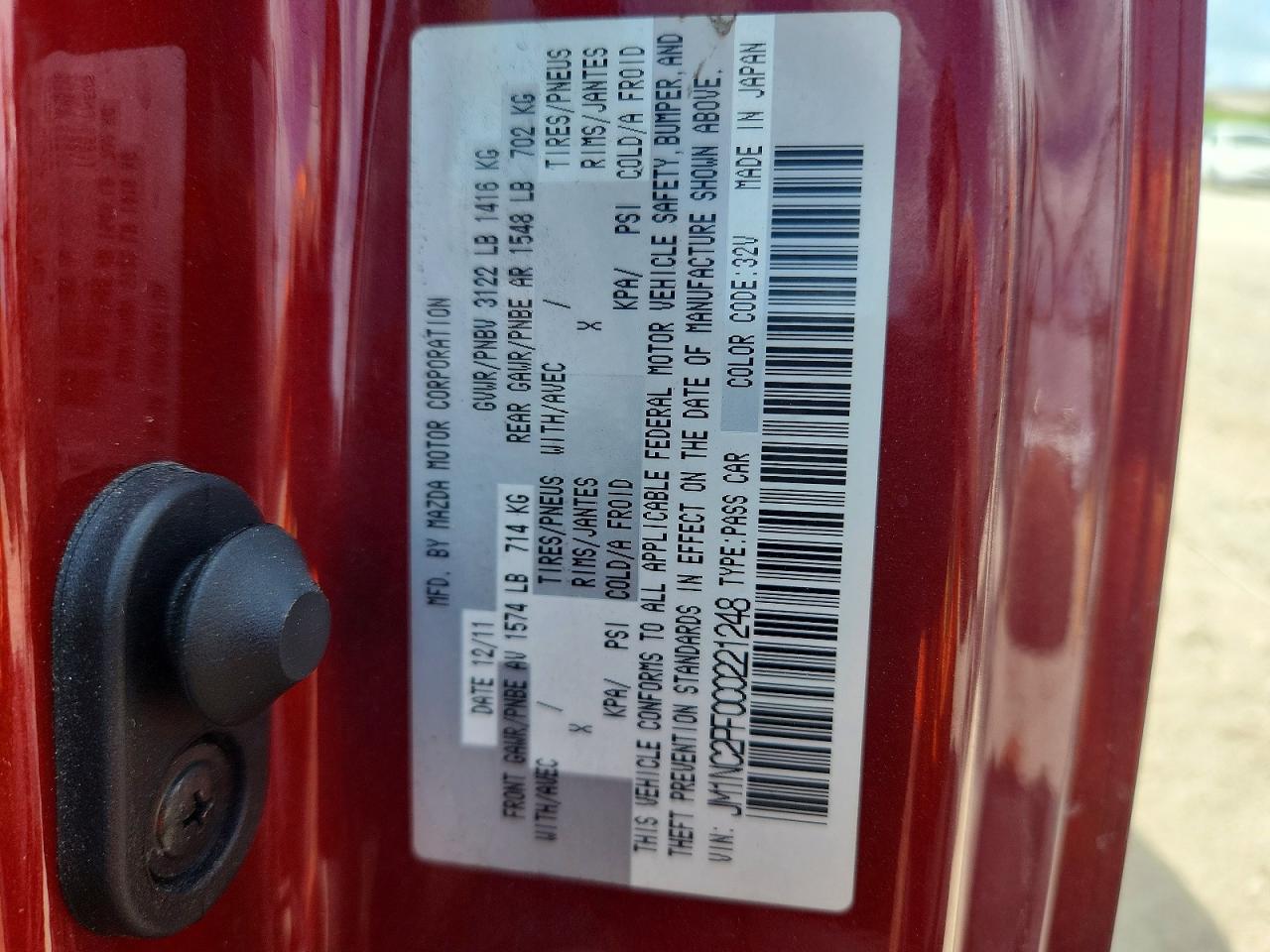 2012 Mazda Mx-5 Miata Burgundy vin: JM1NC2PF0C0221248