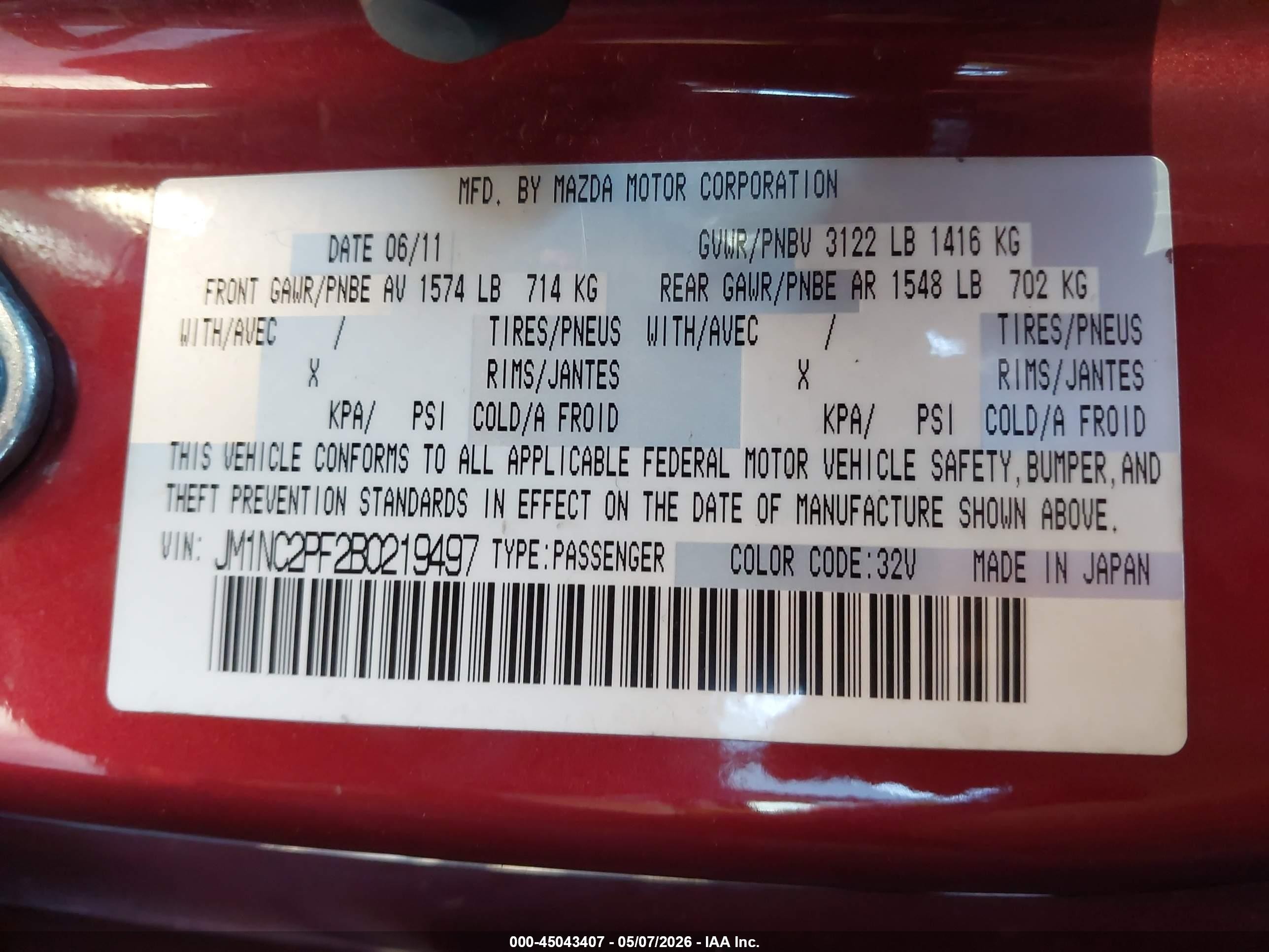 2011 Mazda Mx-5 Miata Grand Touring Red vin: JM1NC2PF2B0219497