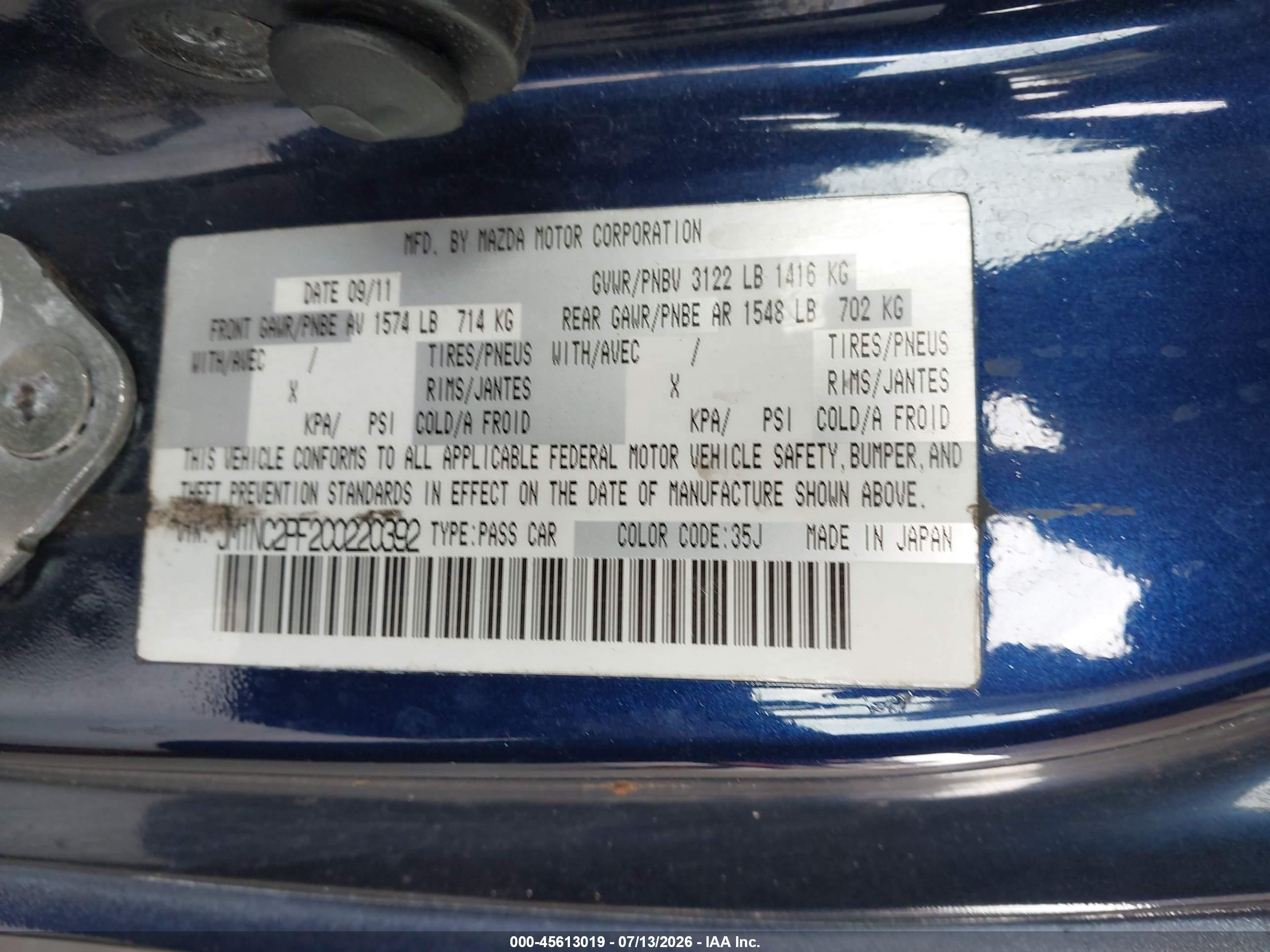 2012 Mazda Mx-5 Miata Grand Touring Blue vin: JM1NC2PF2C0220392