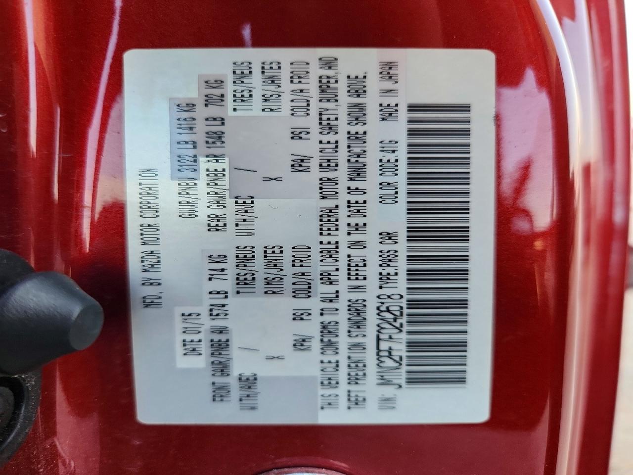 2015 Mazda Mx-5 Miata Grand Touring Red vin: JM1NC2PF7F0242618