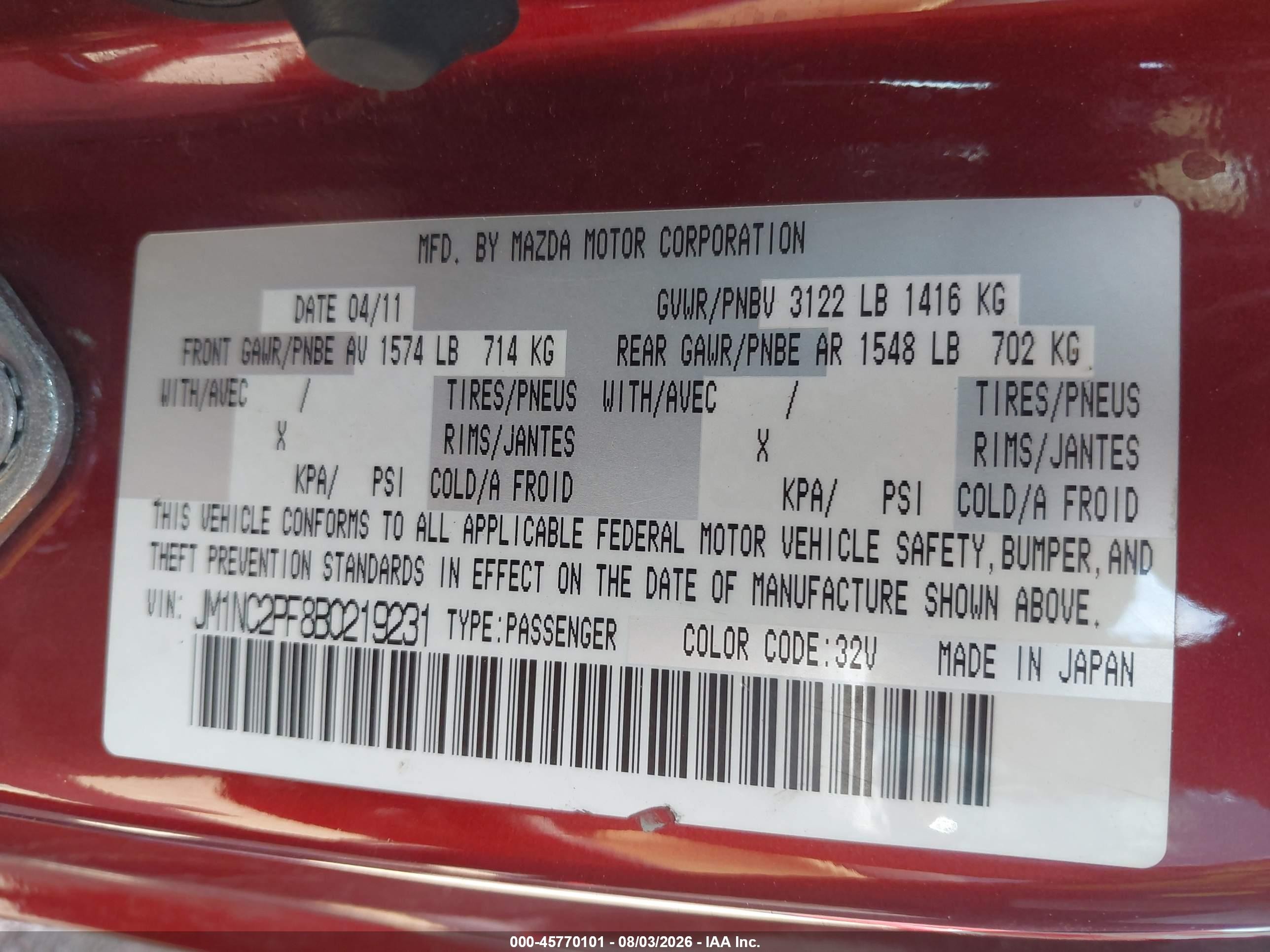 2011 Mazda Mx-5 Miata Grand Touring Red vin: JM1NC2PF8B0219231