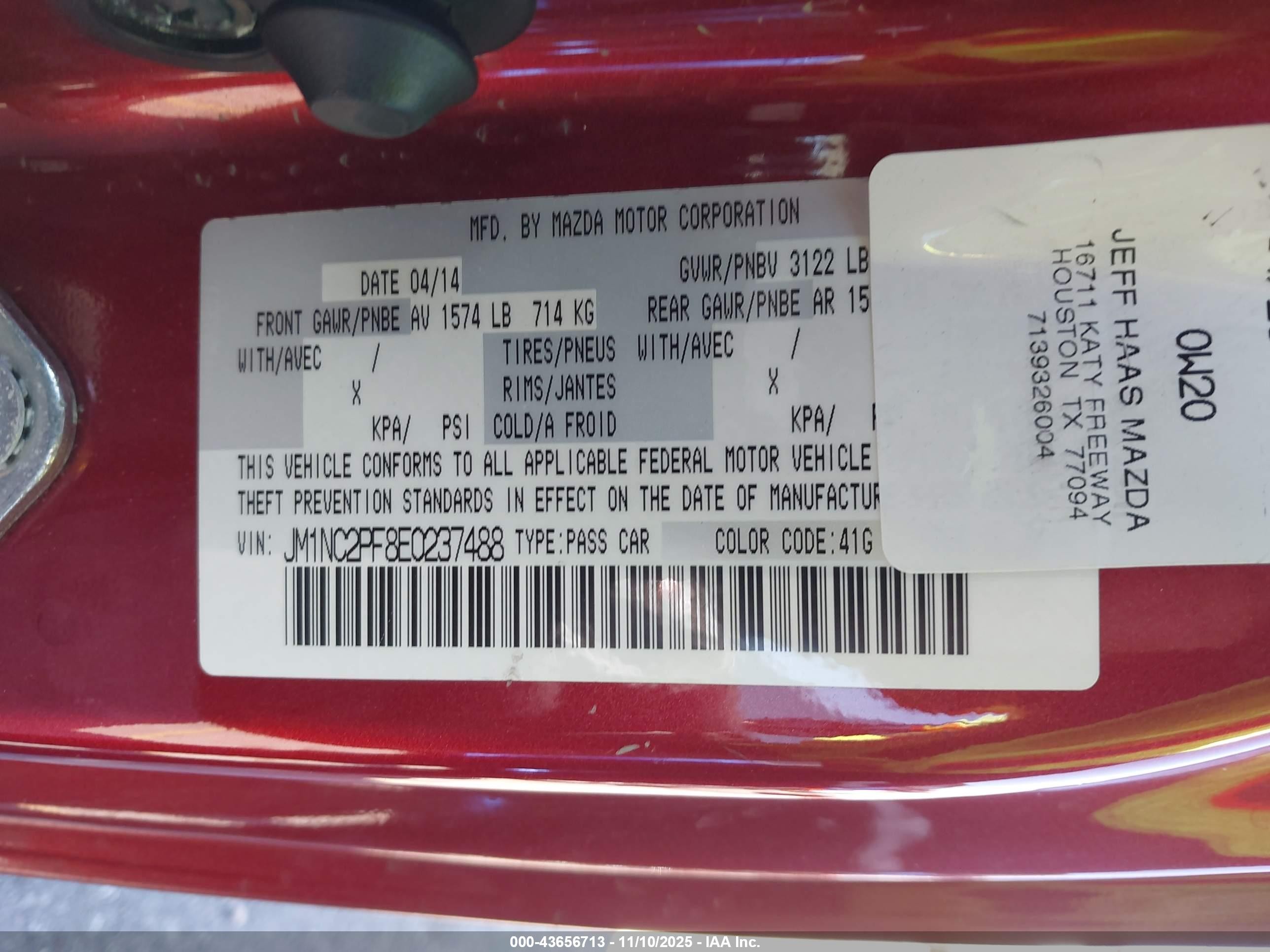 2014 Mazda Mx-5 Miata Grand Touring Red vin: JM1NC2PF8E0237488