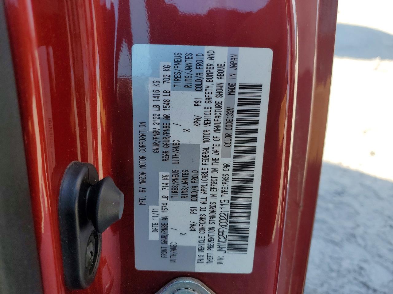 2012 Mazda Mx-5 Miata Red vin: JM1NC2PFXC0221113