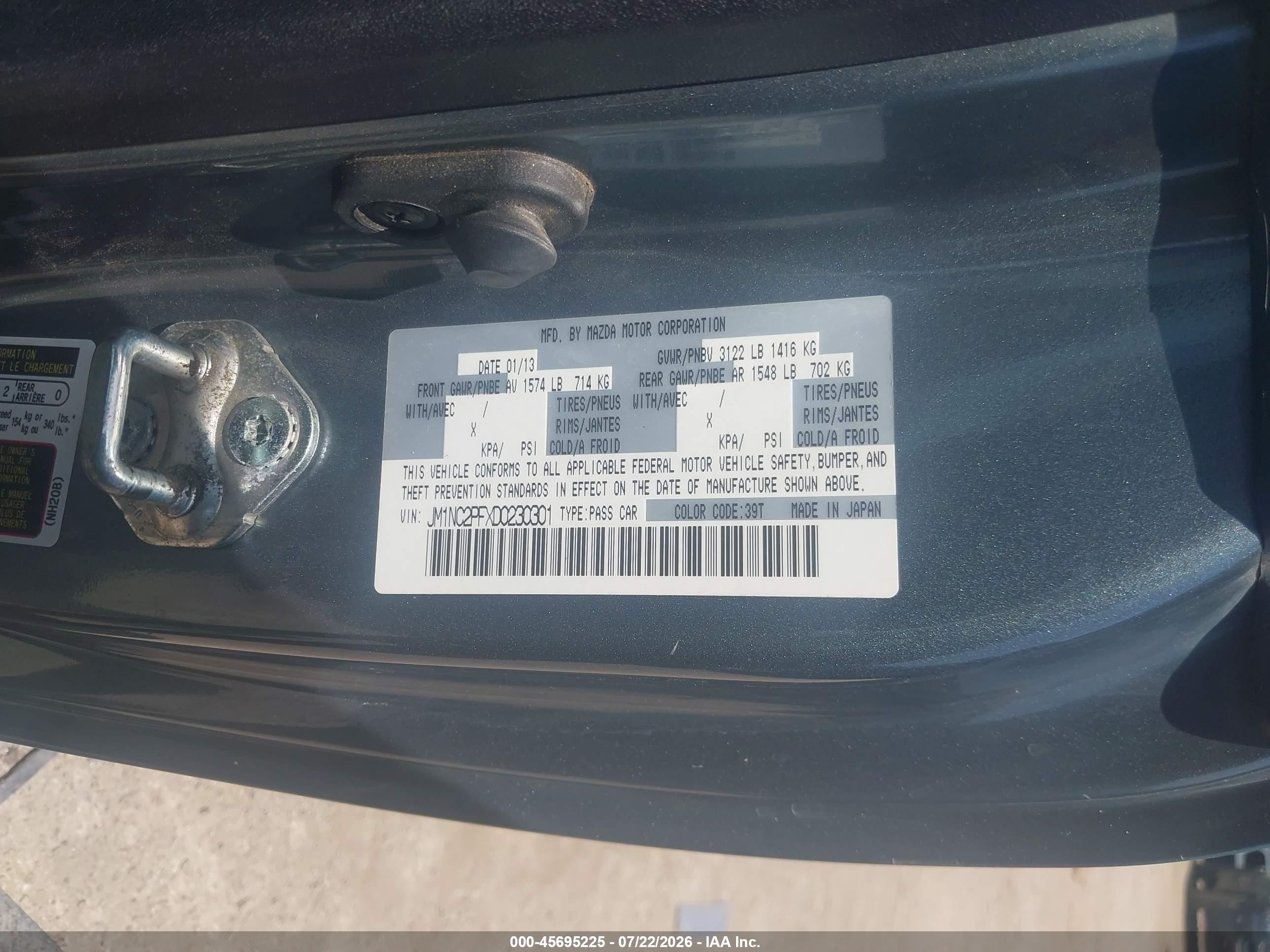 2013 Mazda Mx-5 Miata Grand Touring Blue vin: JM1NC2PFXD0230301