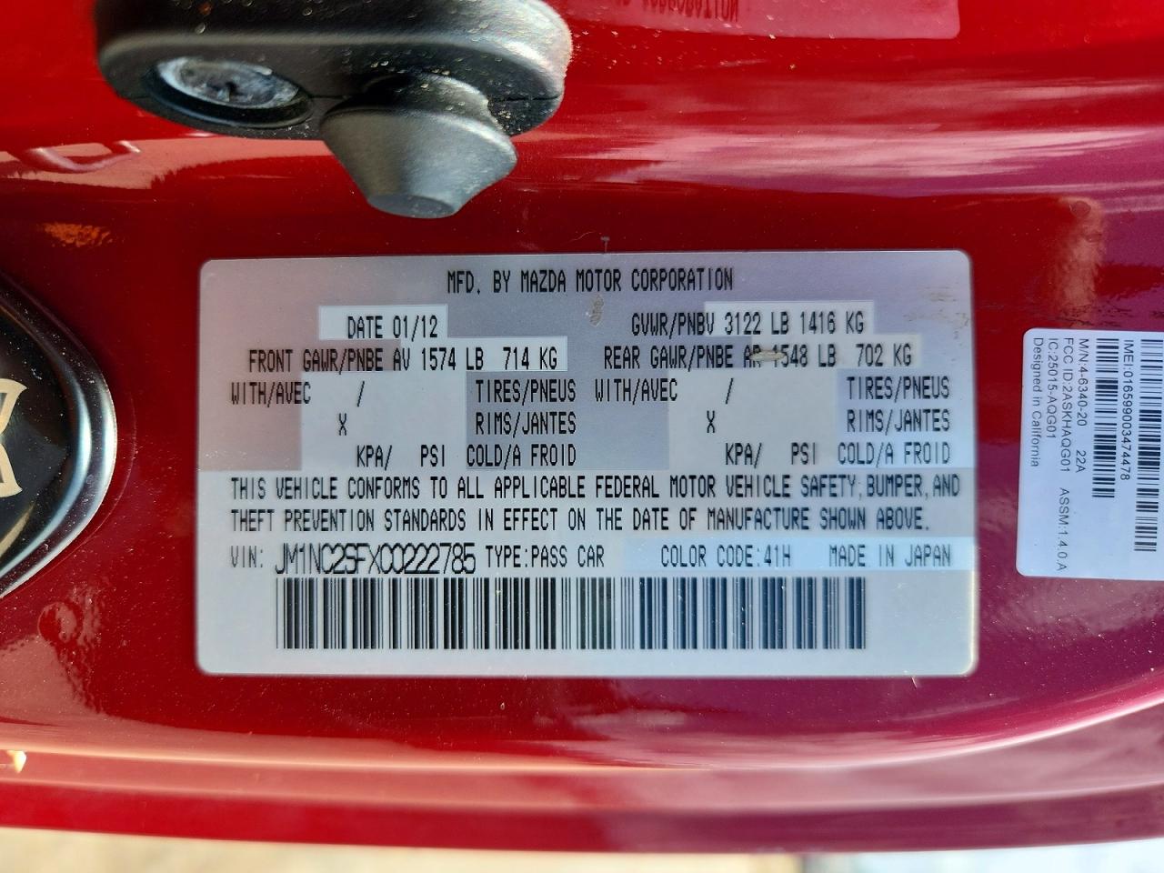 2012 Mazda Mx-5 Miata Red vin: JM1NC2SFXC0222785
