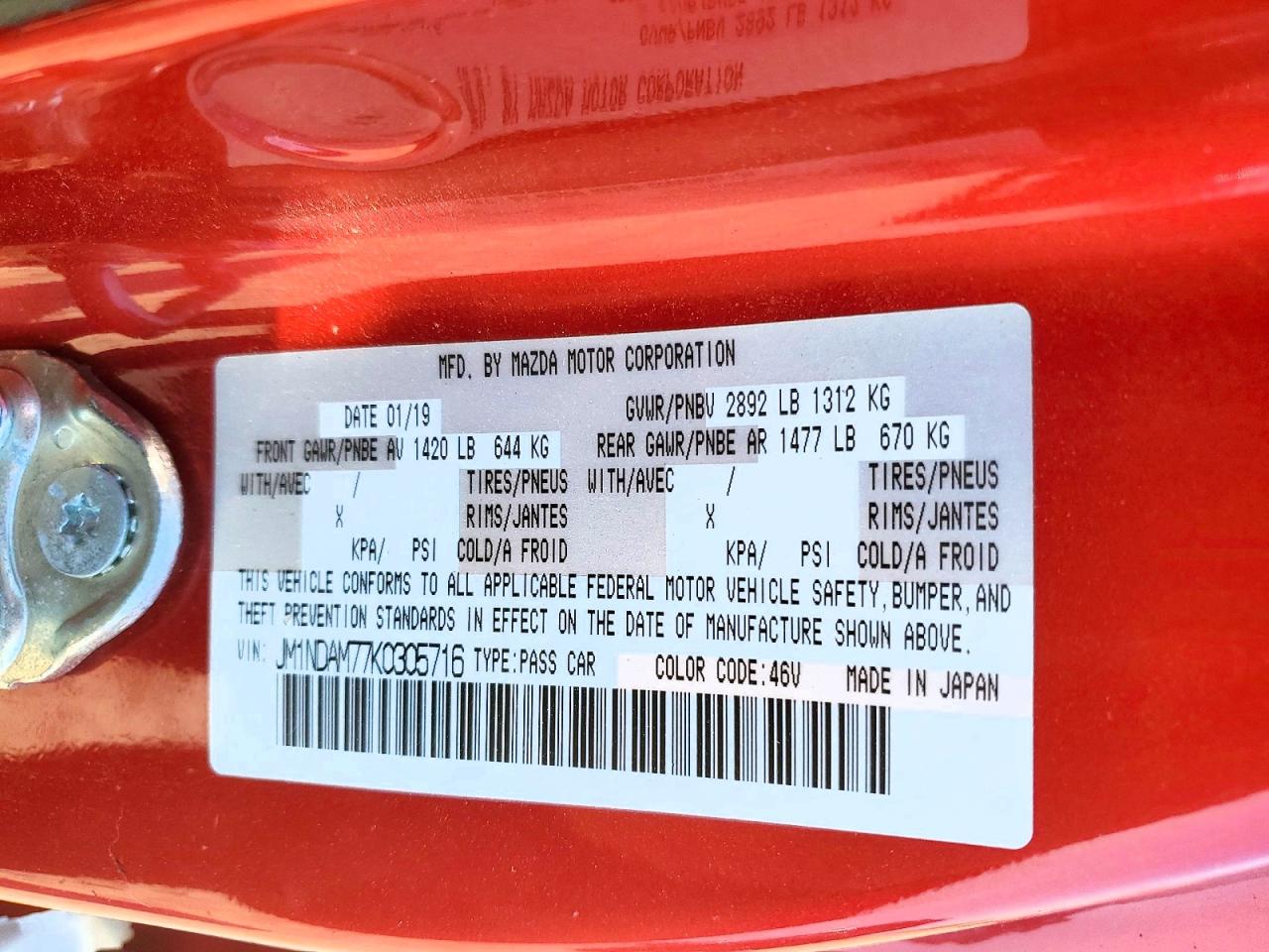 2019 Mazda Mx-5 Miata Grand Touring Red vin: JM1NDAM77K0305716
