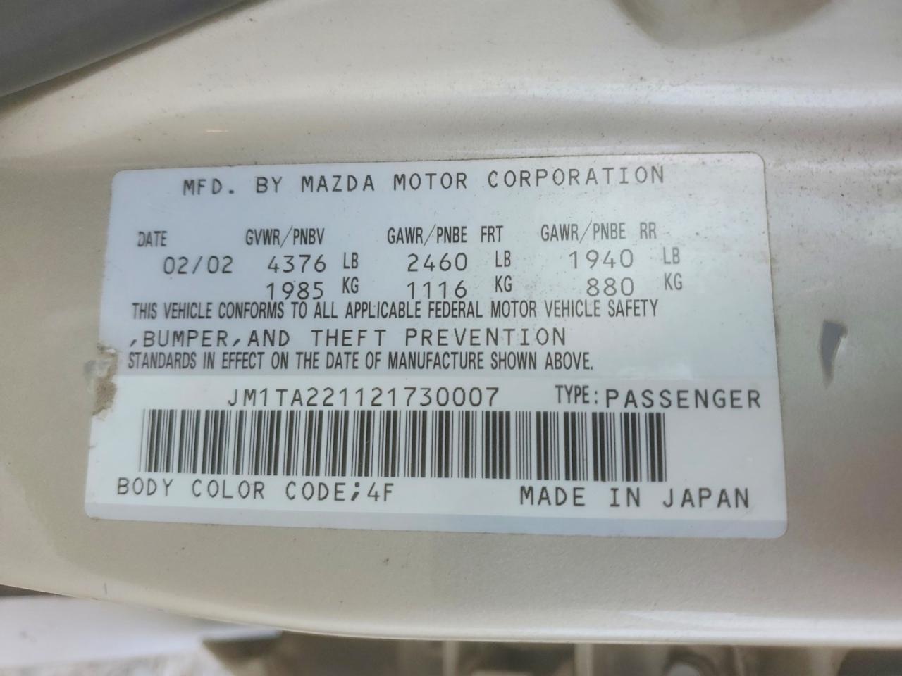 2002 Mazda Millenia Beige vin: JM1TA221121730007