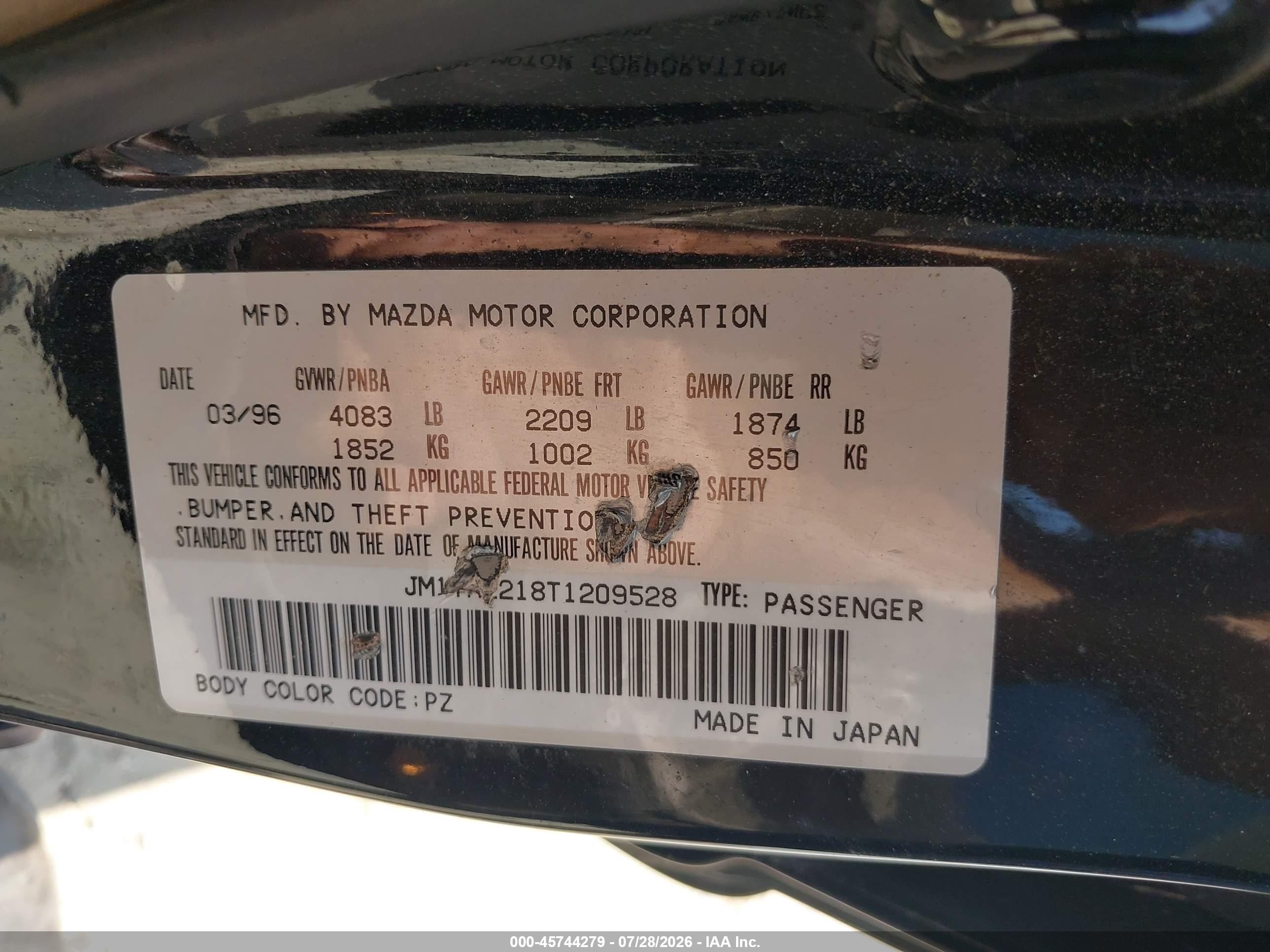 1996 Mazda Millenia L Black vin: JM1TA2218T1209528