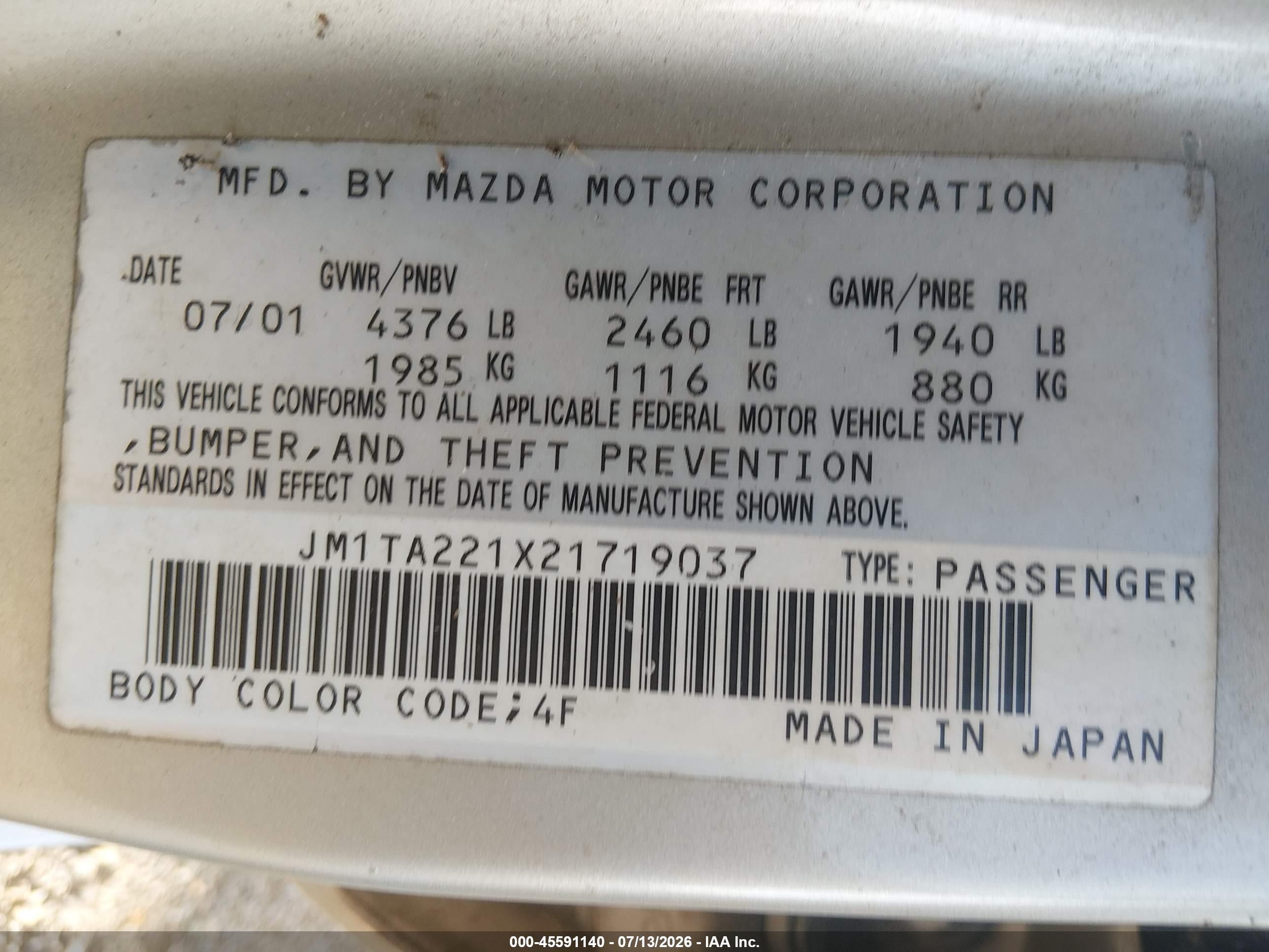 2002 Mazda Millenia P/ps Gold vin: JM1TA221X21719037