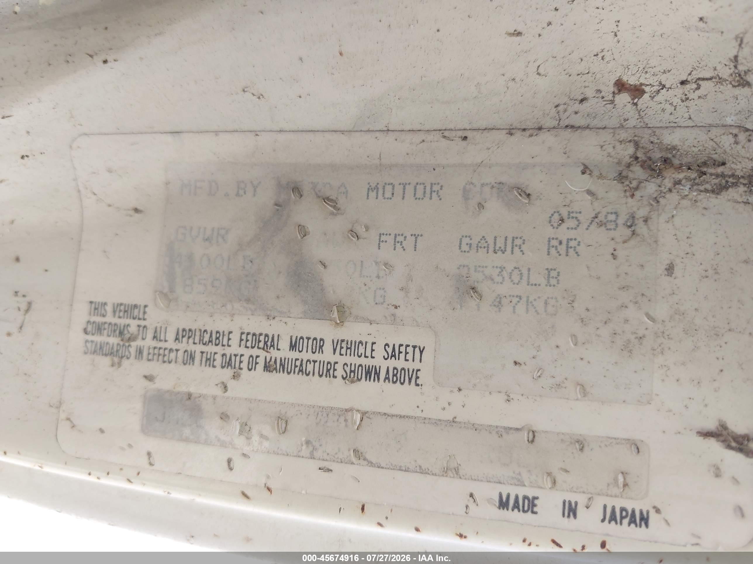 1984 Mazda B2000 Long Bed White vin: JM2UC2214E0830249