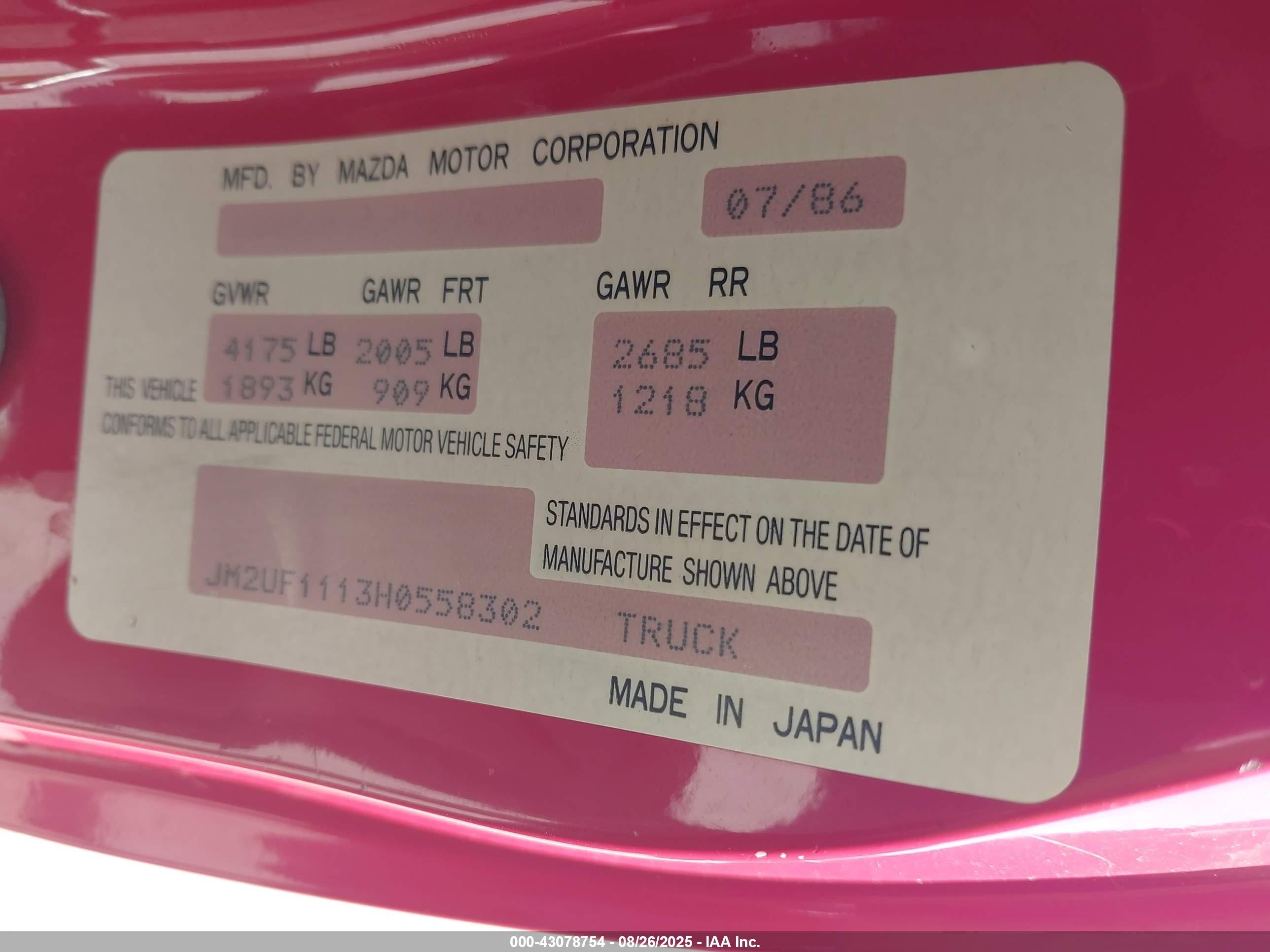 1987 Mazda B2000   Red vin: JM2UF1113H0558302
