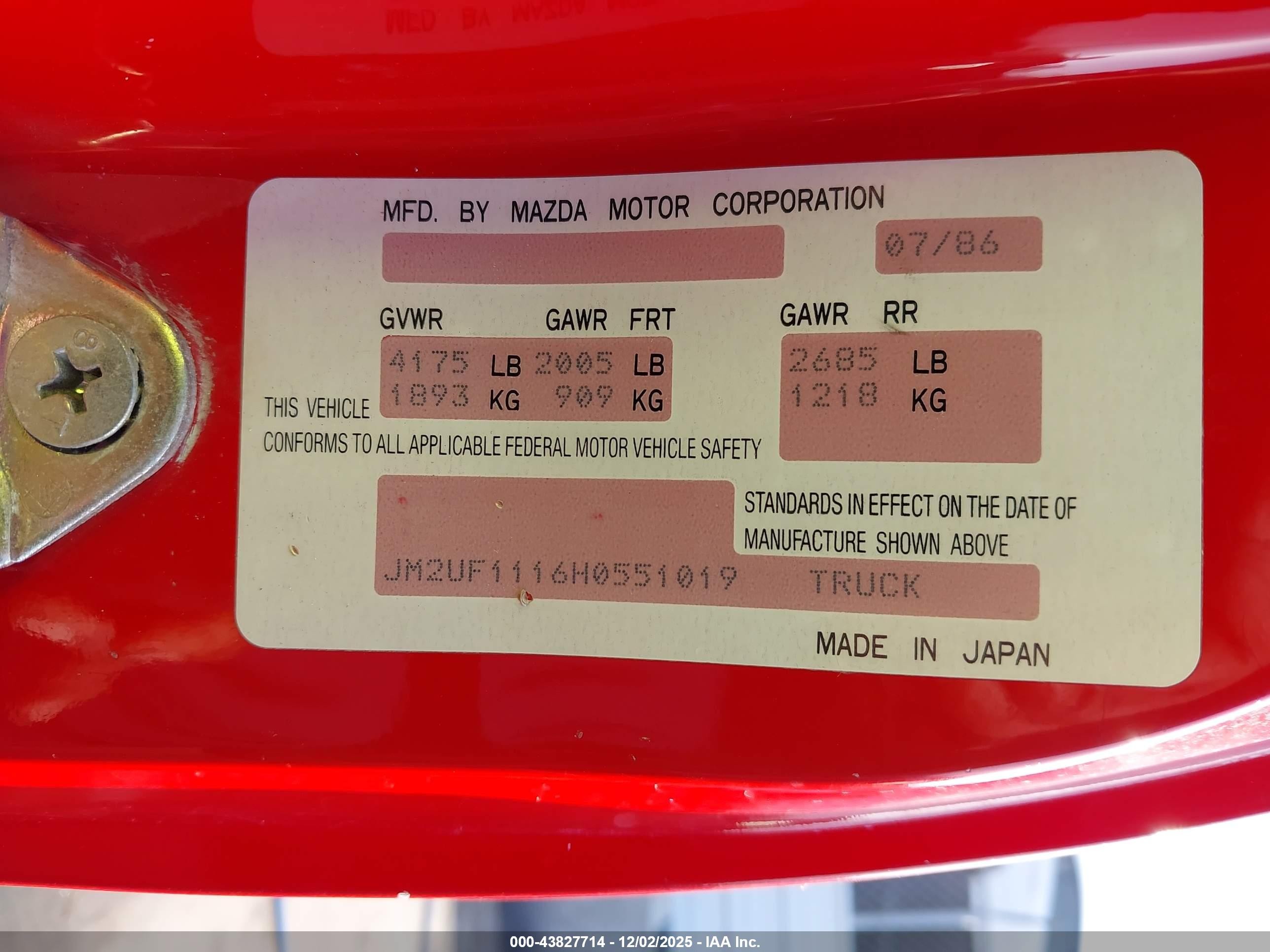 1987 Mazda B2000   Red vin: JM2UF1116H0551019