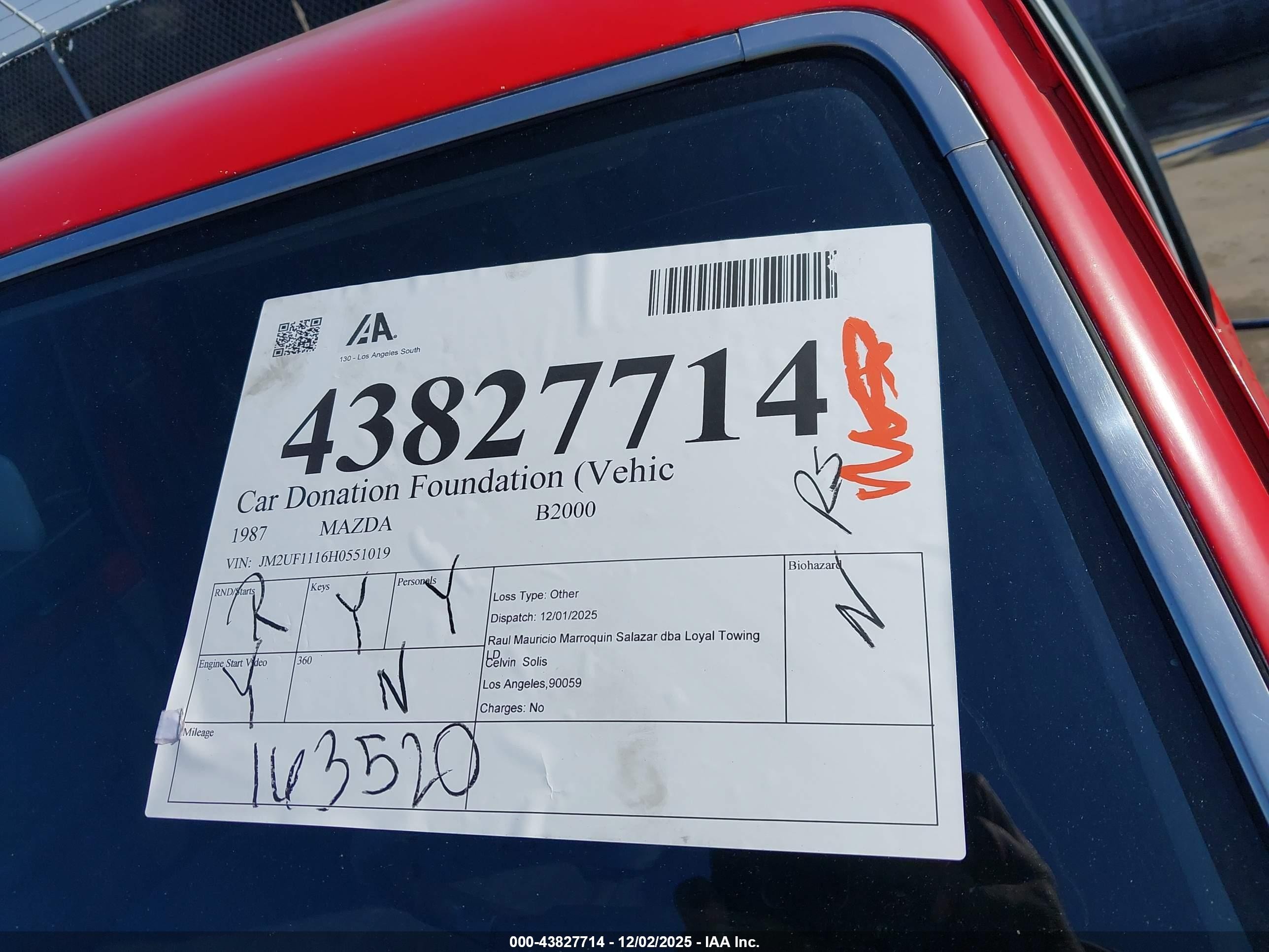 1987 Mazda B2000   Red vin: JM2UF1116H0551019