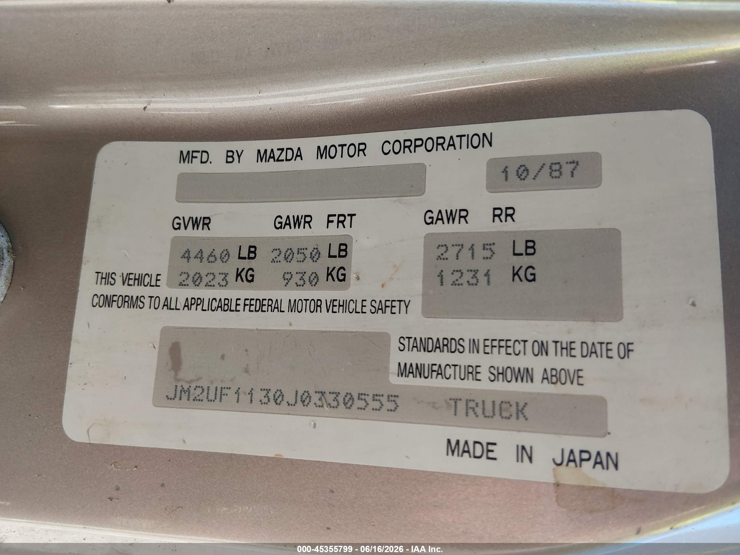 1988 Mazda B2200 Short Bed Gray vin: JM2UF1130J0330555