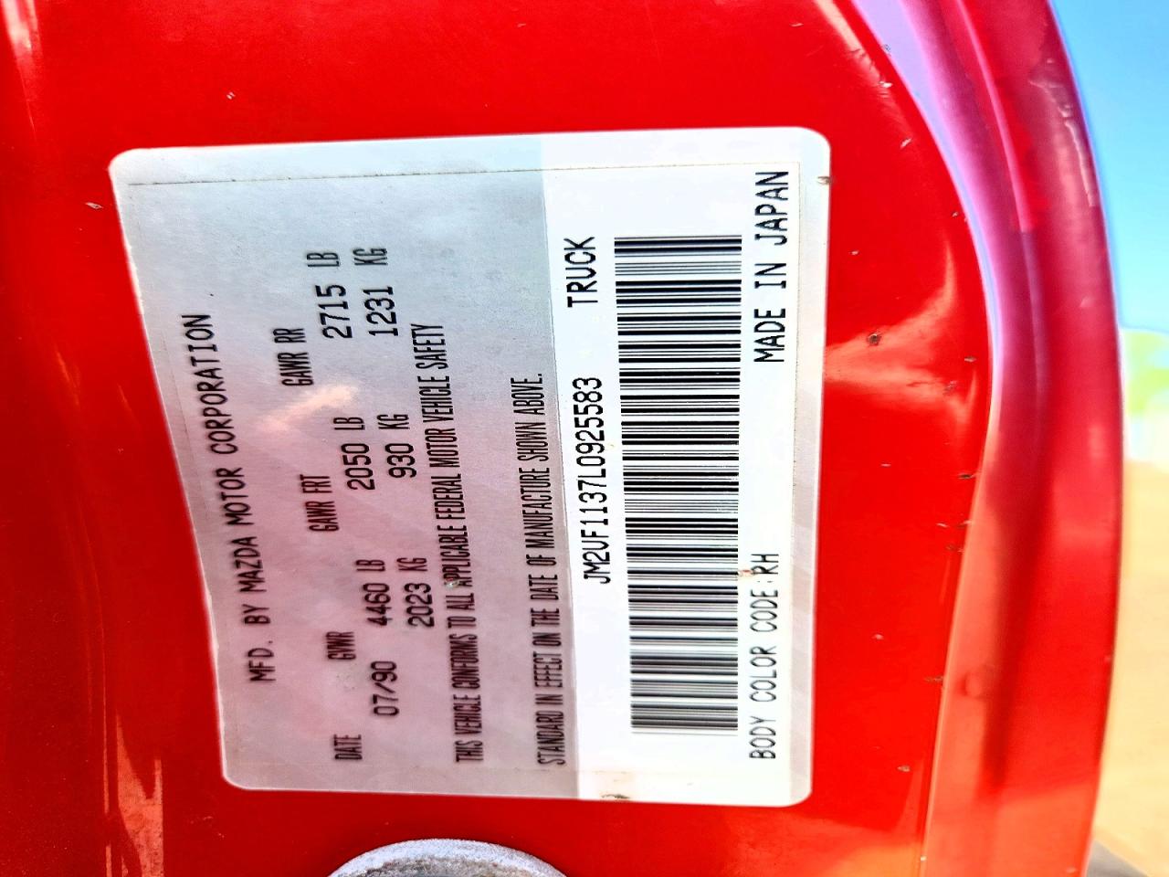 1990 Mazda B2200 Short Bed Red vin: JM2UF1137L0925583