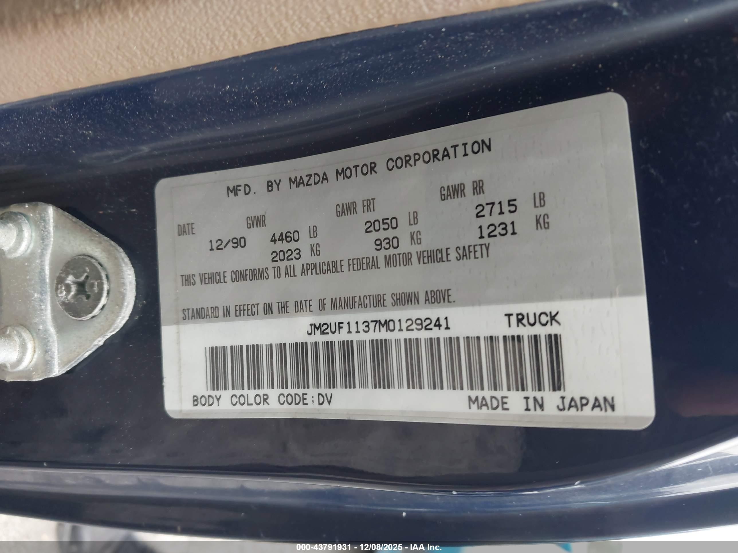 1991 Mazda B2200 Short Bed Blue vin: JM2UF1137M0129241