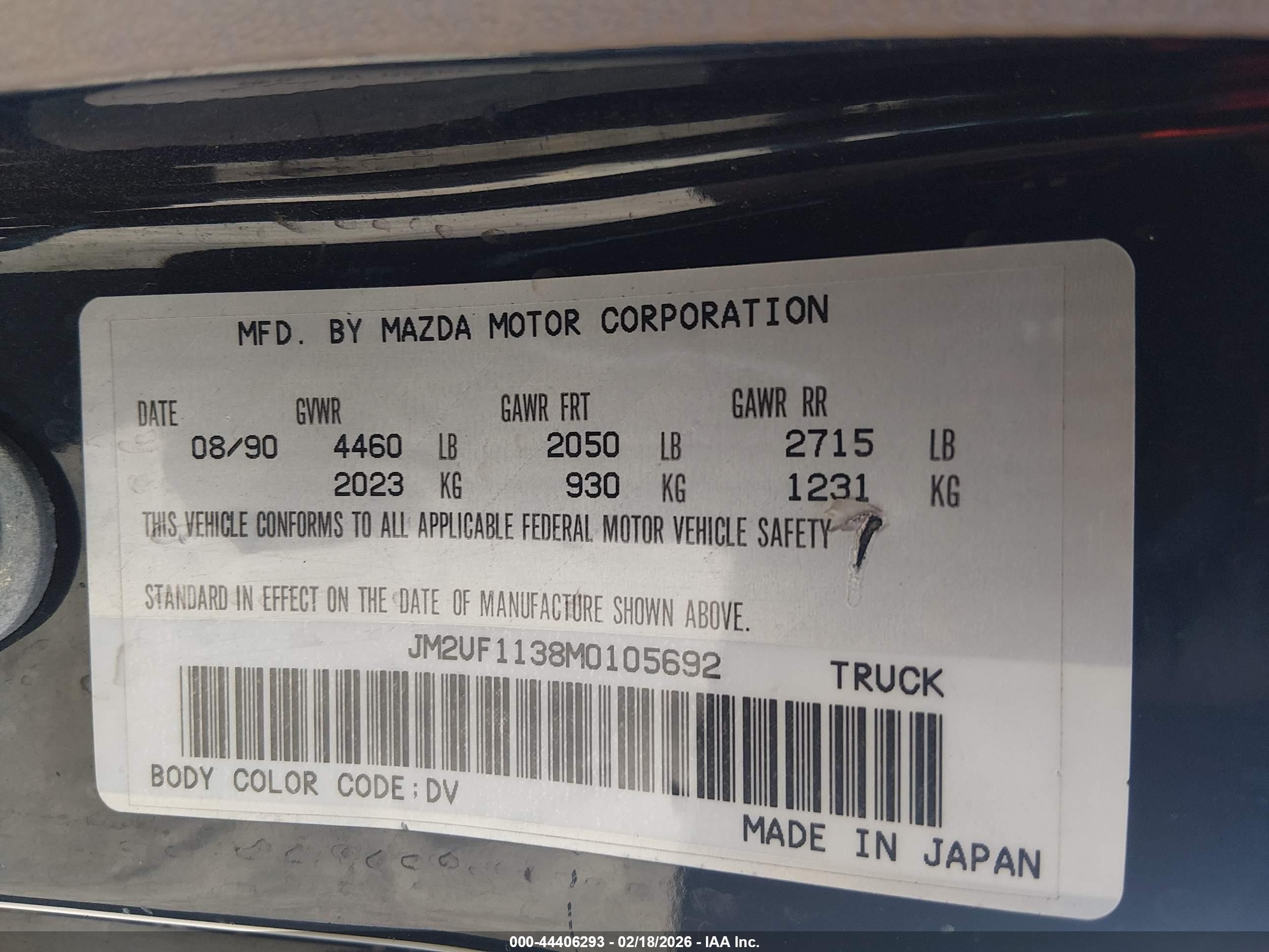 1991 Mazda B2200 Short Bed Blue vin: JM2UF1138M0105692