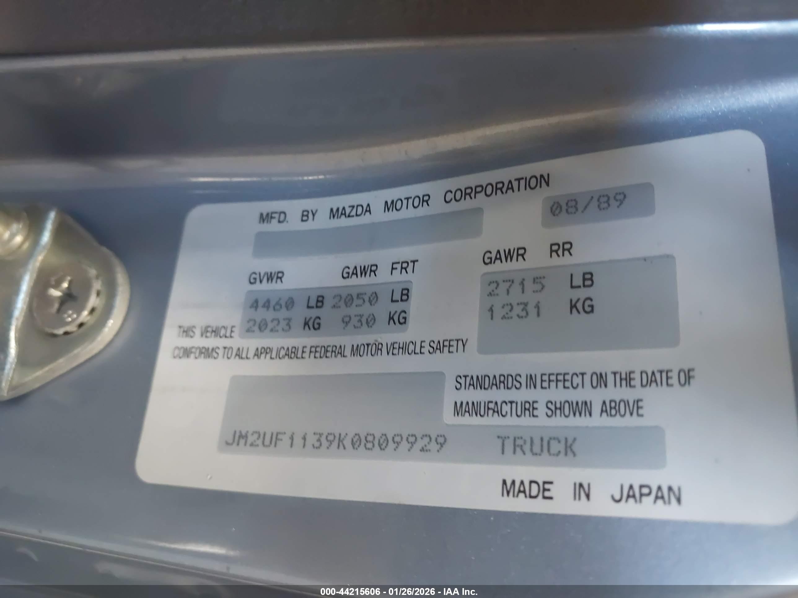 1989 Mazda B2200 Short Bed Gray vin: JM2UF1139K0809929