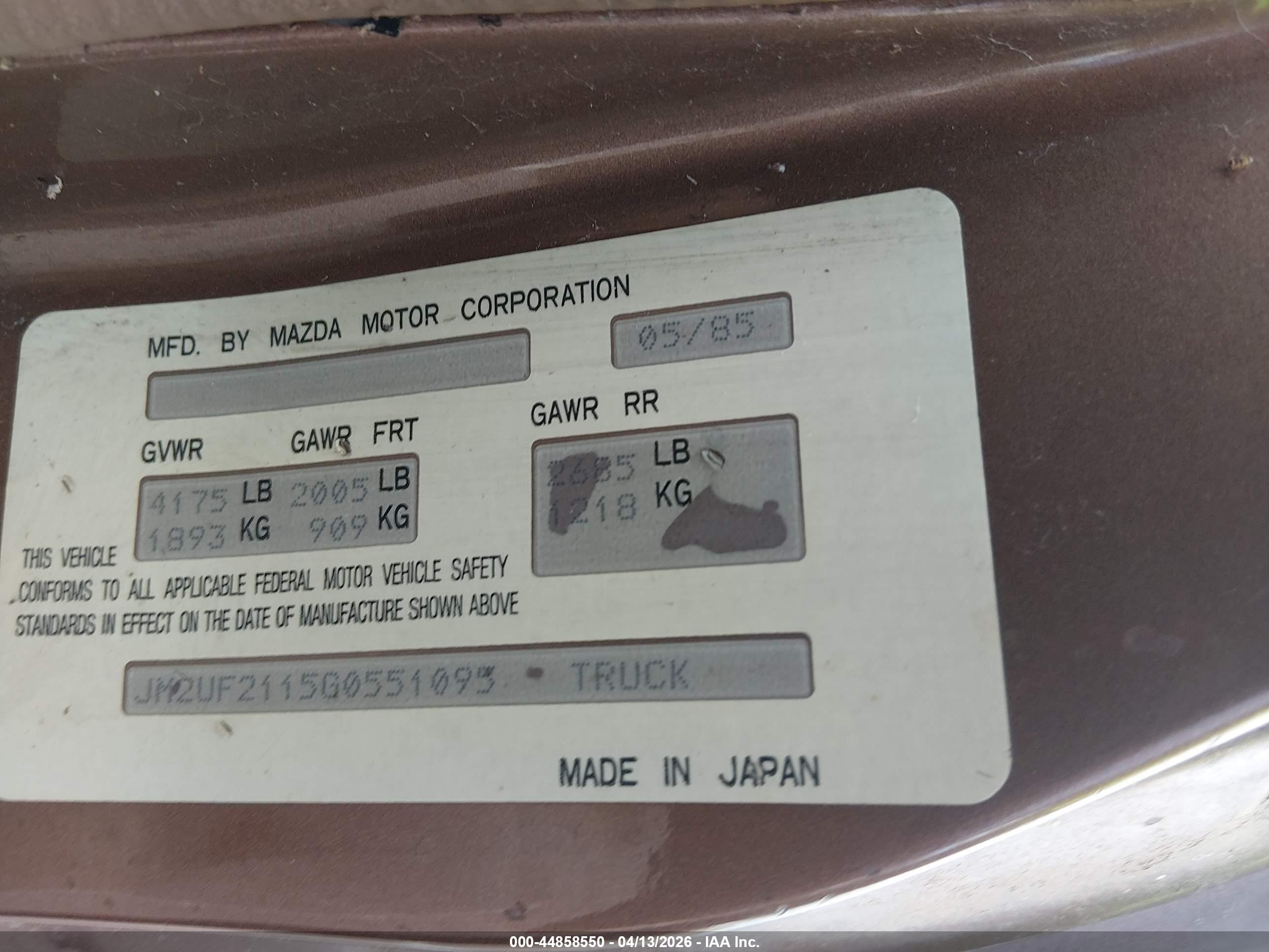 1986 Mazda B2000 Long Bed Brown vin: JM2UF2115G0551095