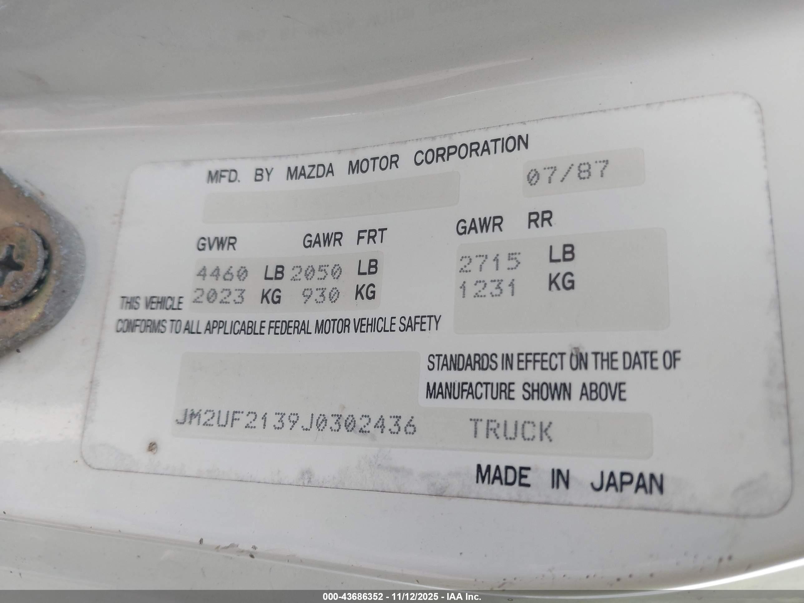 1988 Mazda B2200 Long Bed White vin: JM2UF2139J0302436