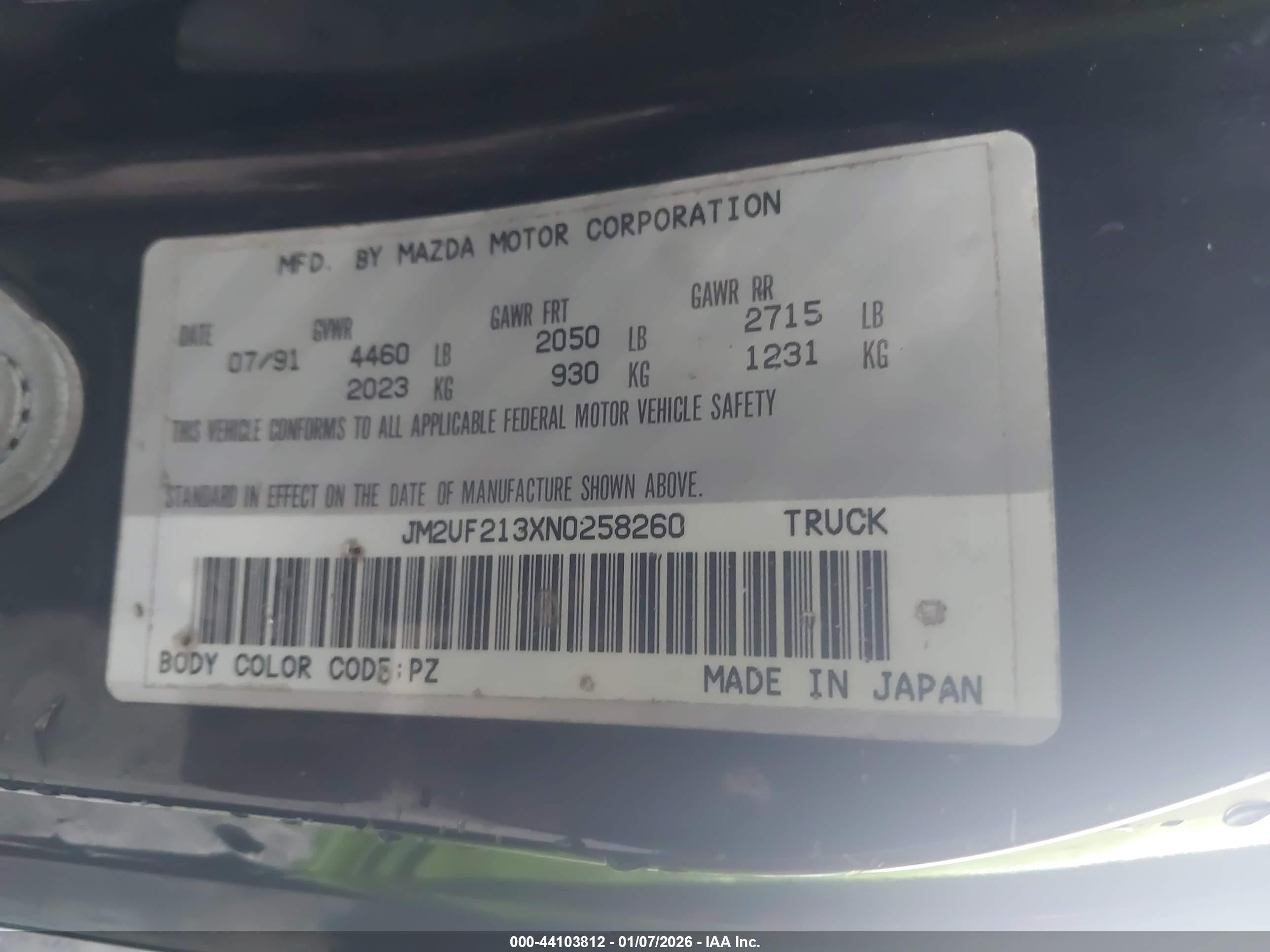 1992 Mazda B2200 Long Bed Black vin: JM2UF213XN0258260