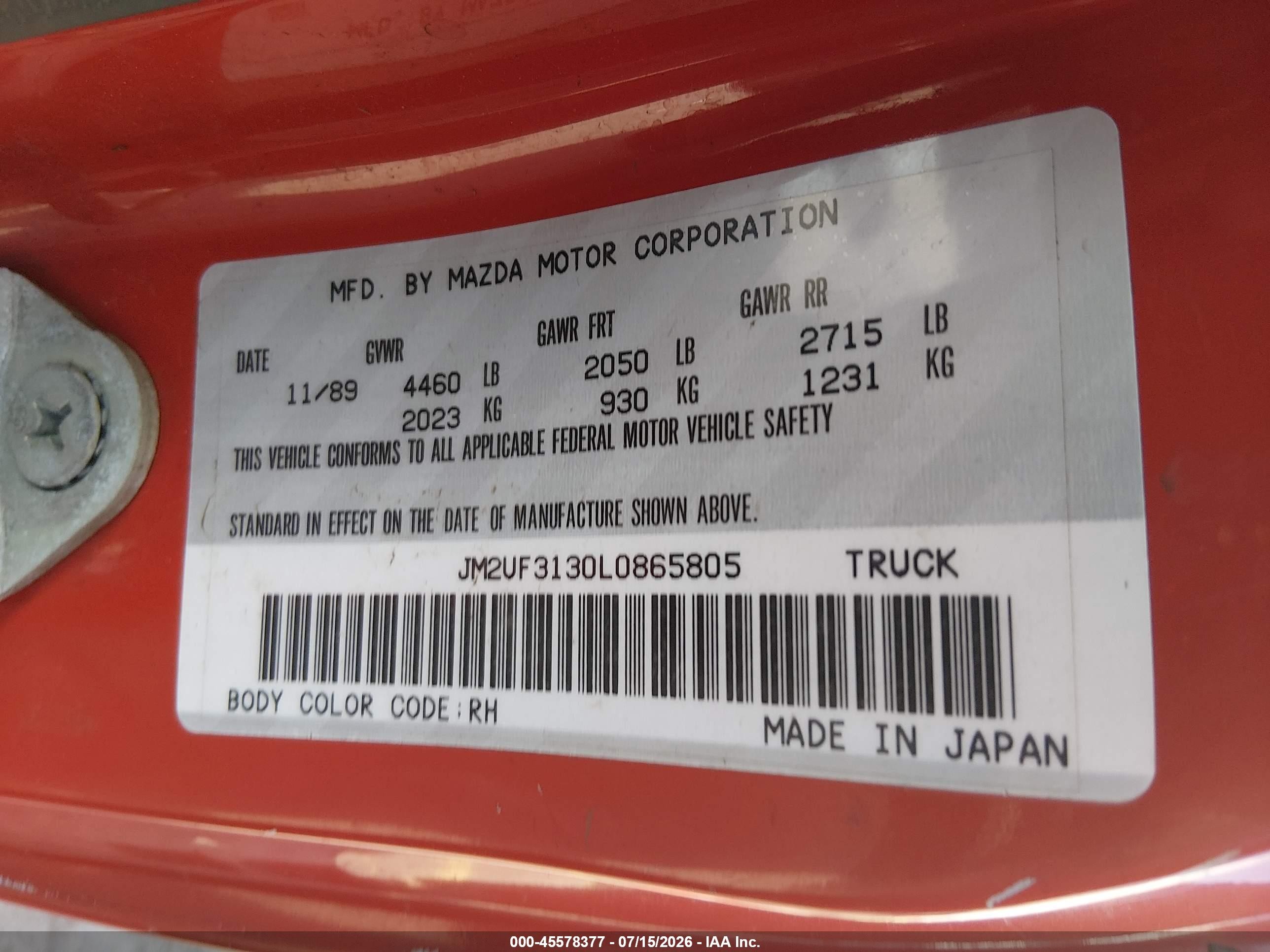 1990 Mazda B2200 Cab Plus Red vin: JM2UF3130L0865805