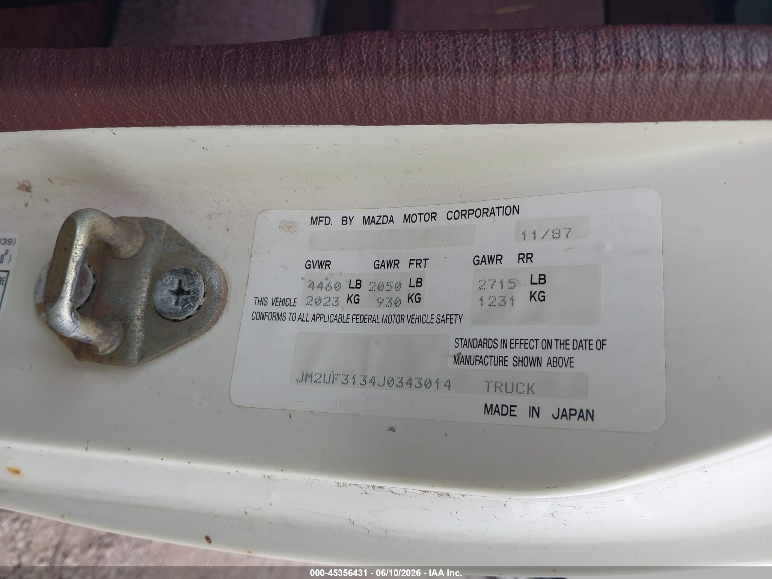 1988 Mazda B2200 Cab Plus White vin: JM2UF3134J0343014