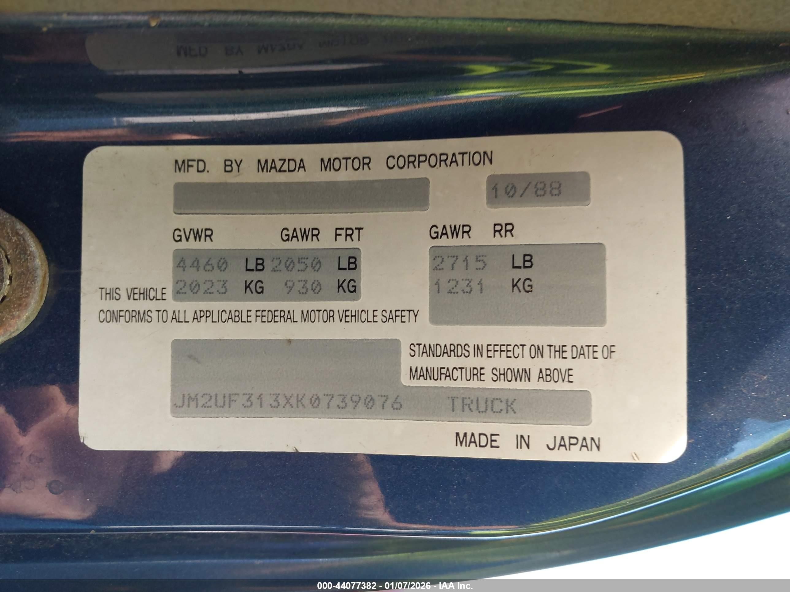 1989 Mazda B2200 Cab Plus Blue vin: JM2UF313XK0739076