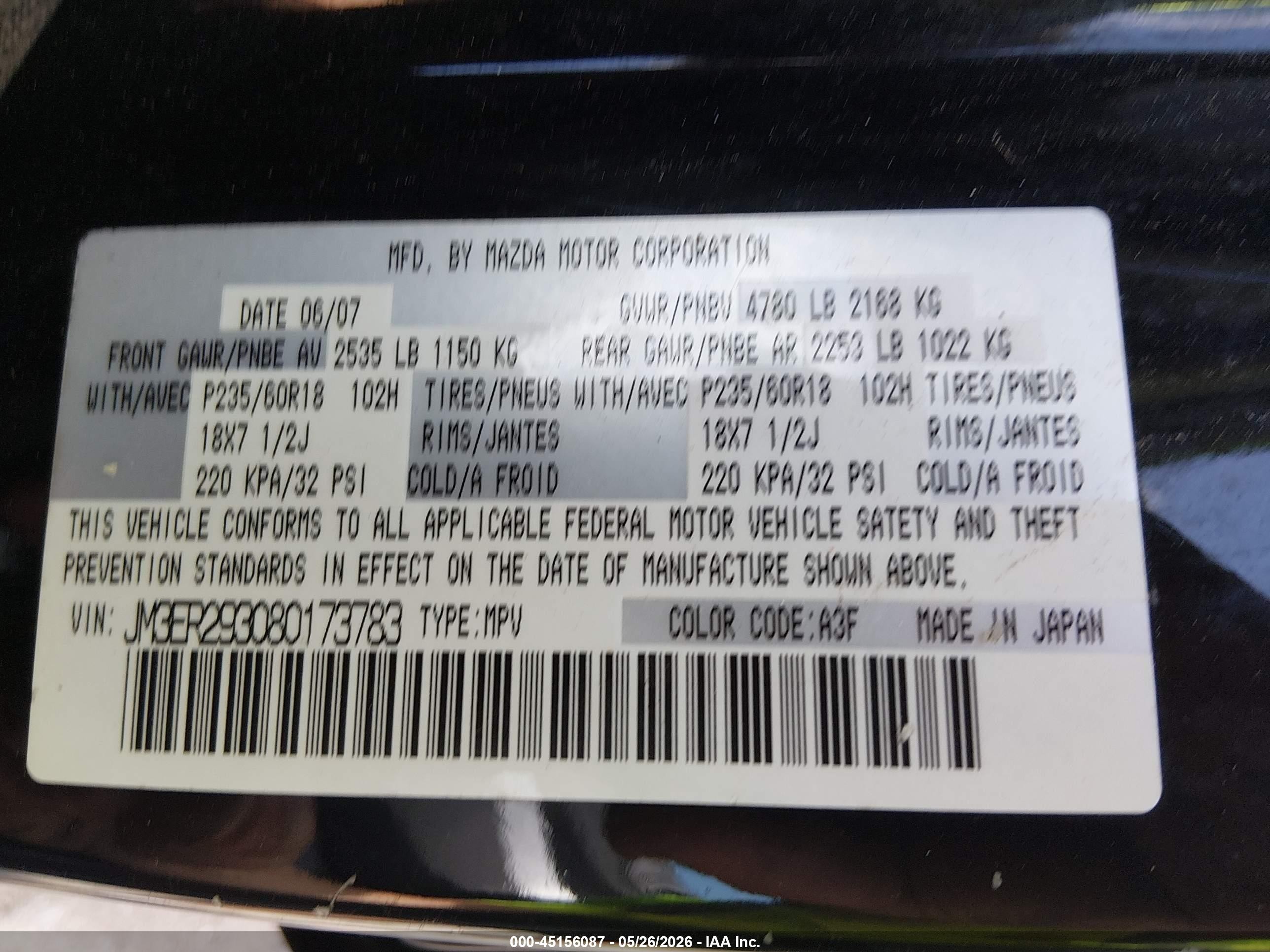 2008 Mazda Cx-7 Sport Black vin: JM3ER293080173783
