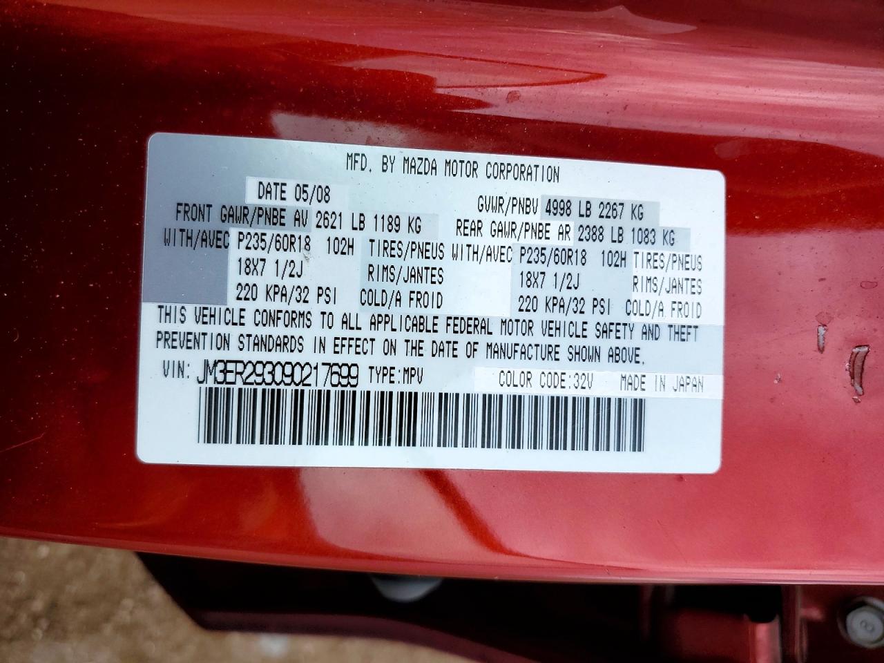 2009 Mazda Cx-7 Red vin: JM3ER293090217699