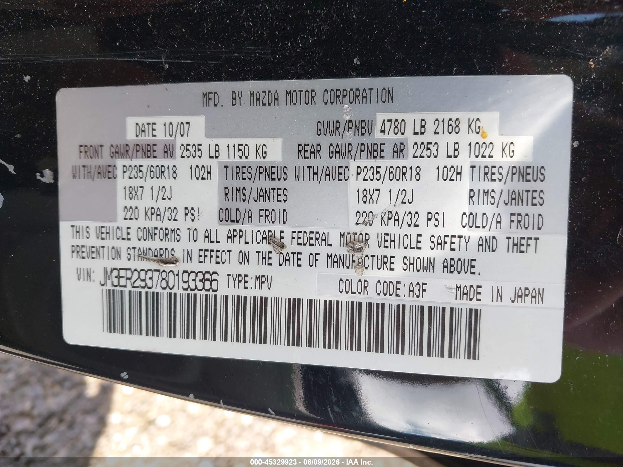 2008 Mazda Cx-7 Sport Black vin: JM3ER293780193366