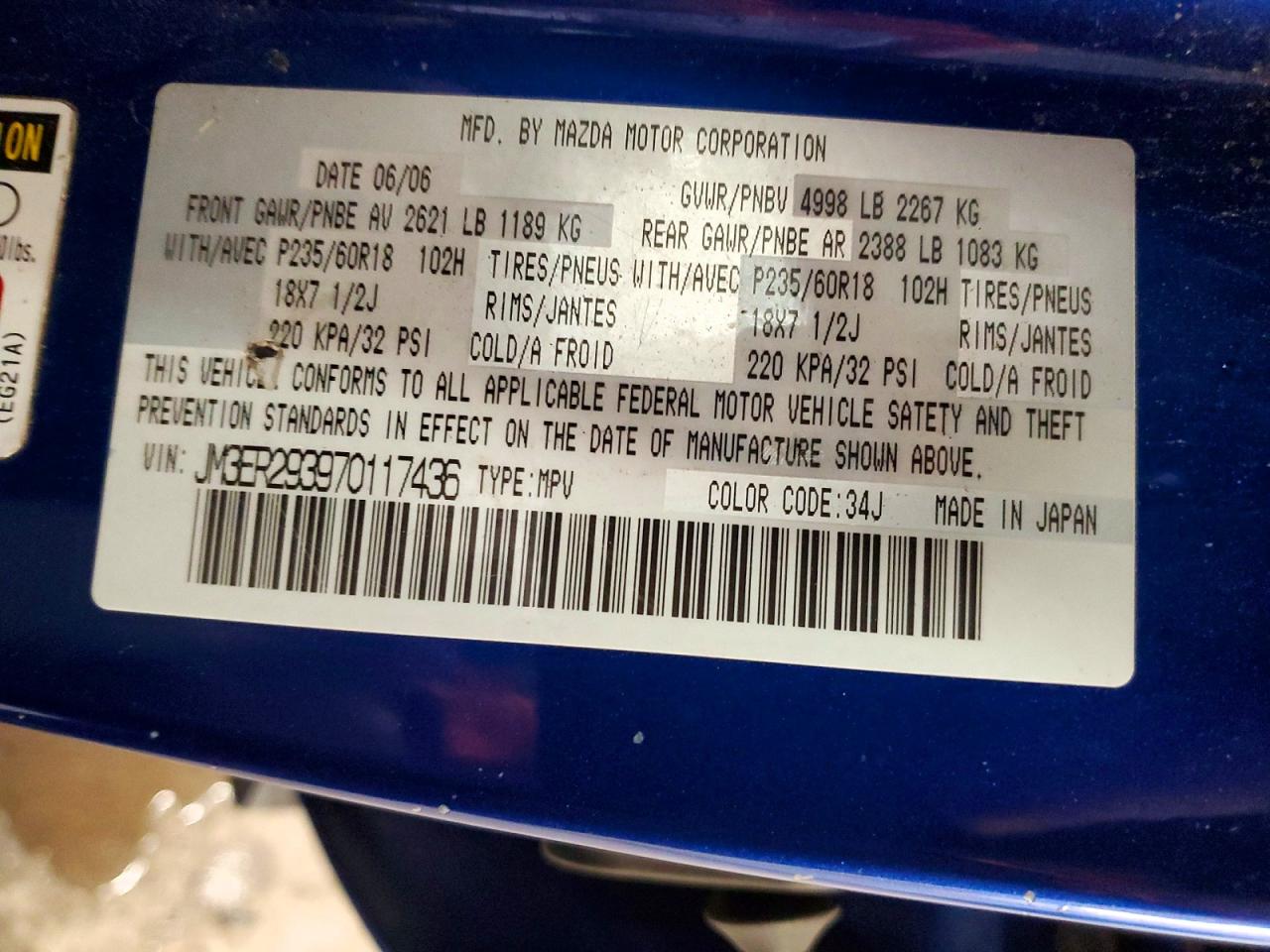 2007 Mazda Cx-7 Blue vin: JM3ER293970117436