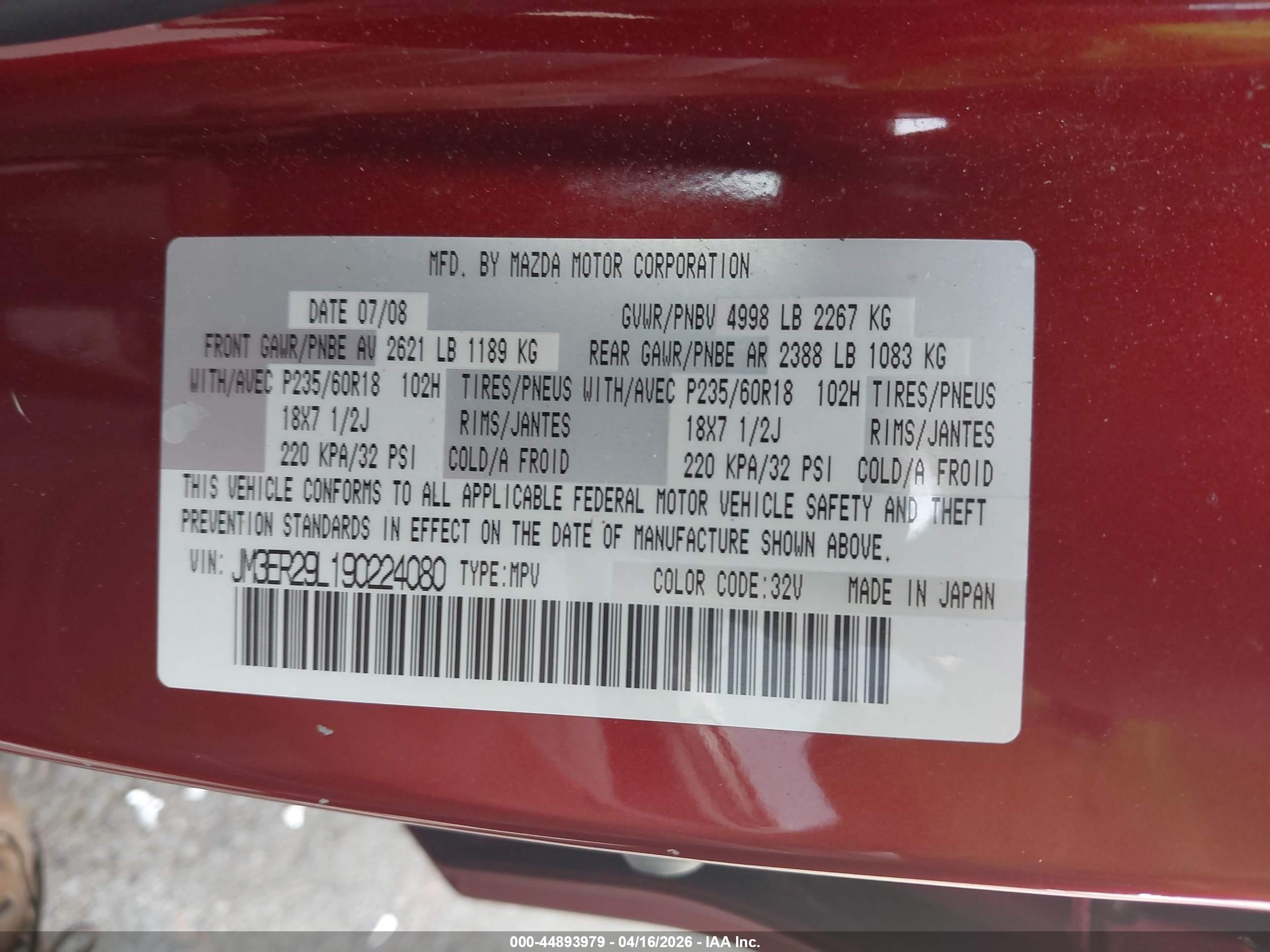 2009 Mazda Cx-7 Sport Red vin: JM3ER29L190224080