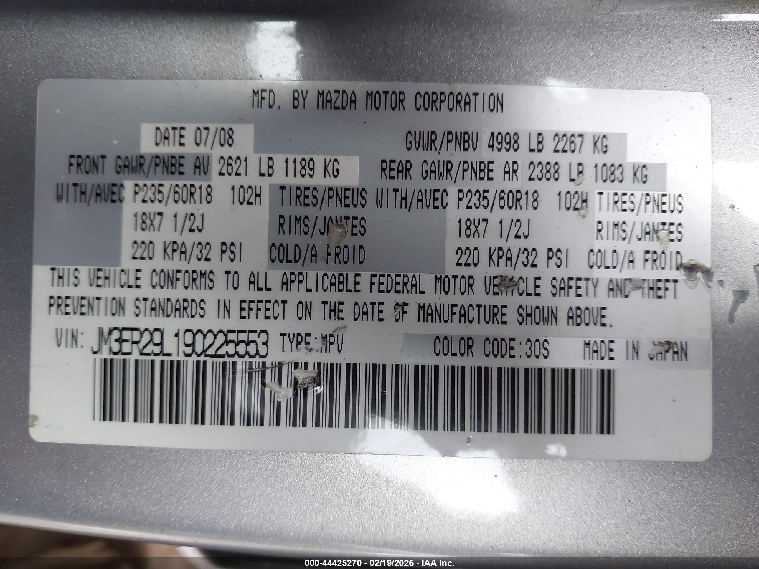 2009 Mazda Cx-7 Sport Silver vin: JM3ER29L190225553