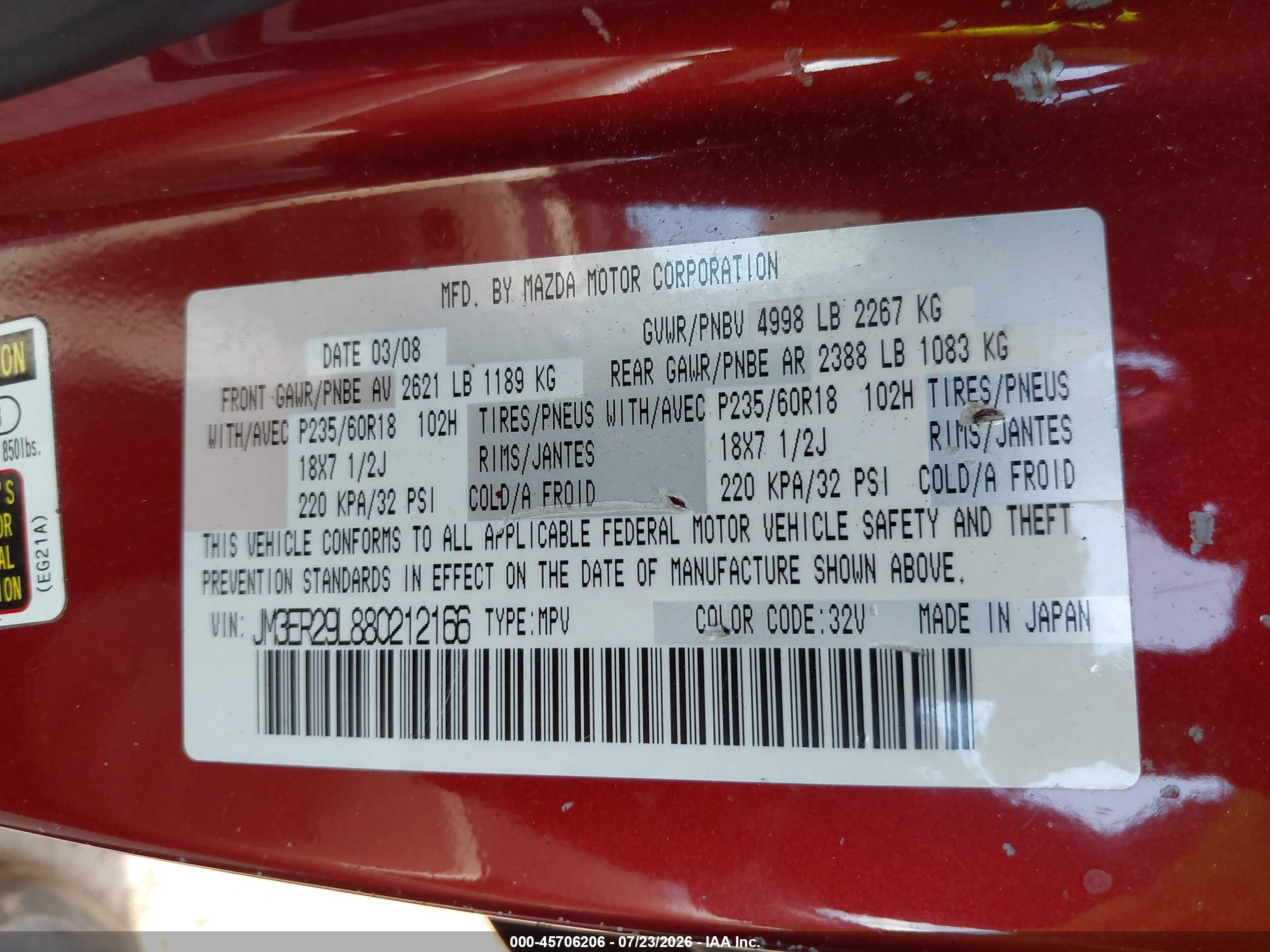 2008 Mazda Cx-7 Grand Touring Red vin: JM3ER29L880212166