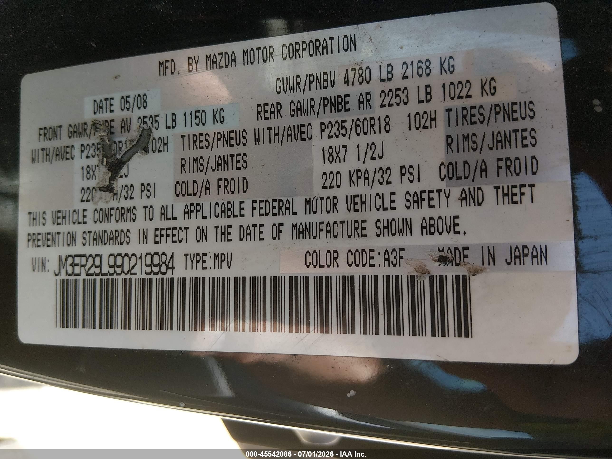 2009 Mazda Cx-7 Sport Black vin: JM3ER29L990219984
