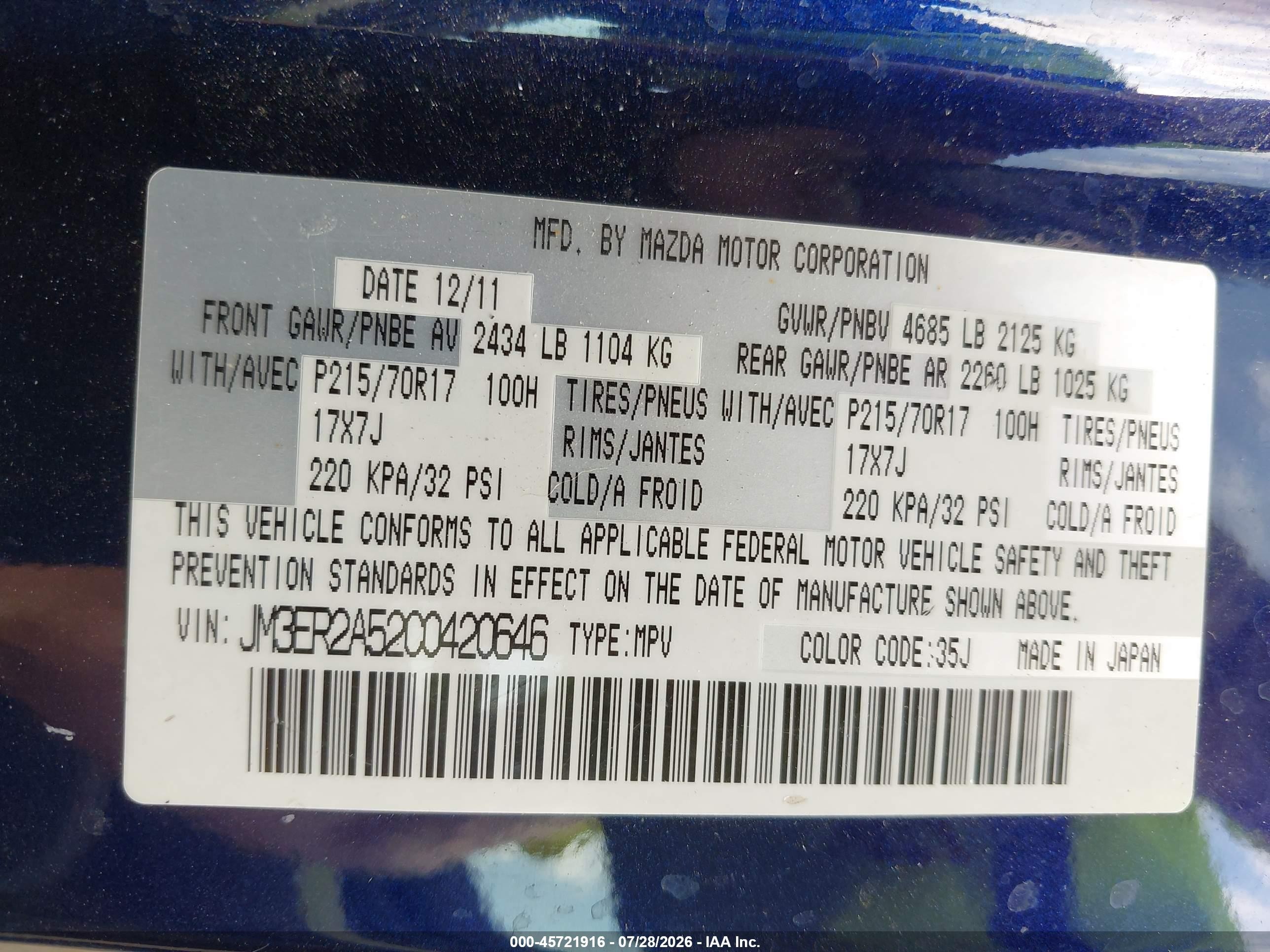 2012 Mazda Cx-7 I Sv Dark Blue vin: JM3ER2A52C0420646