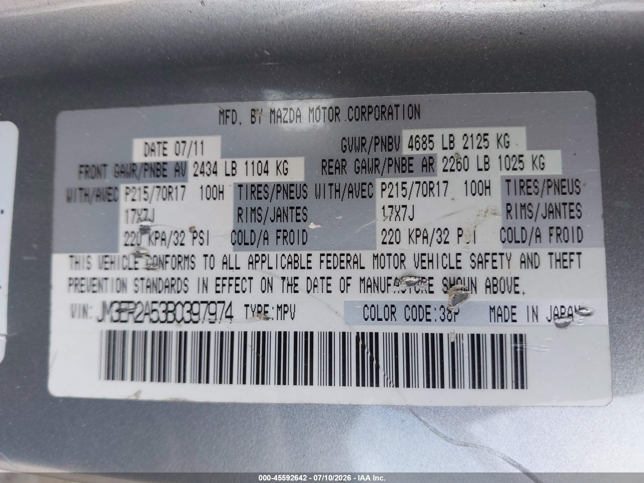 2011 Mazda Cx-7 I Sv Silver vin: JM3ER2A53B0397974