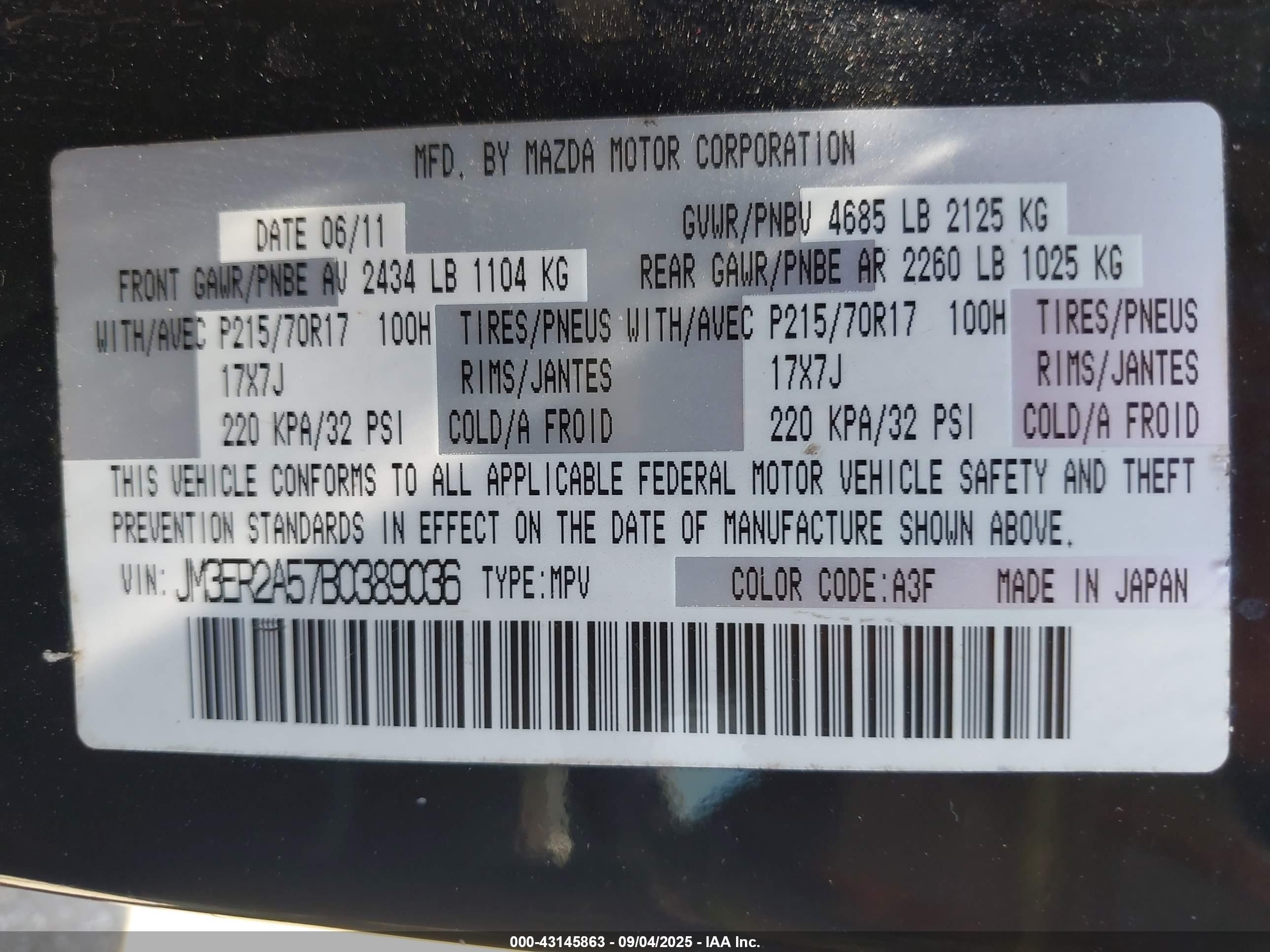 2011 Mazda Cx-7 I Sv Black vin: JM3ER2A57B0389036