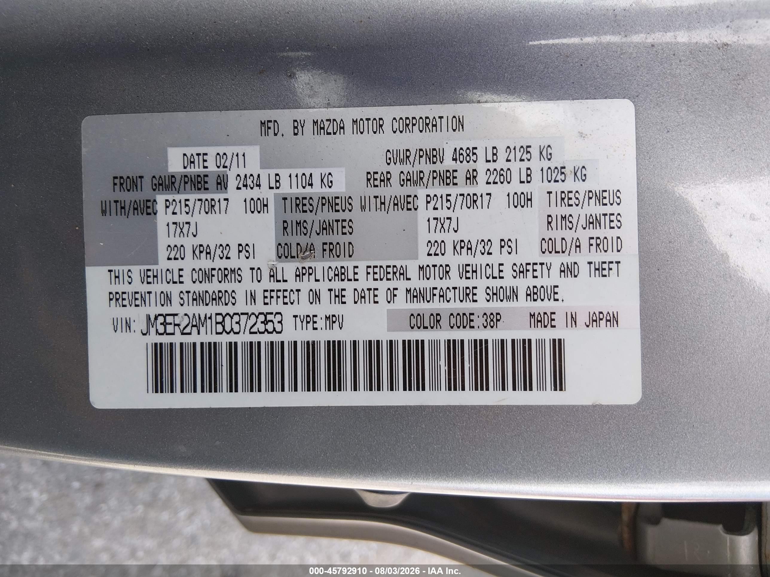 2011 Mazda Cx-7 I Sv Gray vin: JM3ER2AM1B0372353
