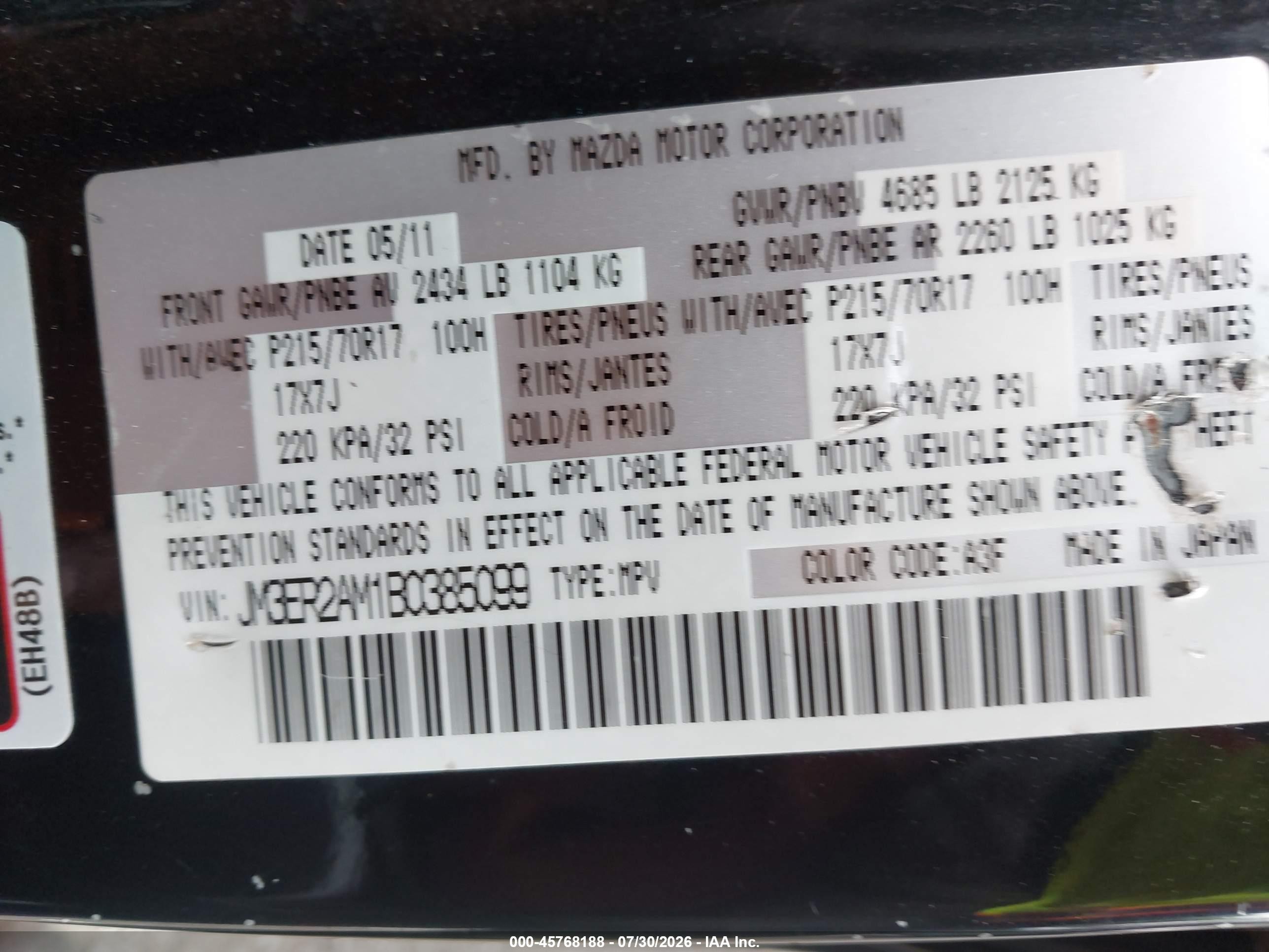 2011 Mazda Cx-7 I Sv Black vin: JM3ER2AM1B0385099