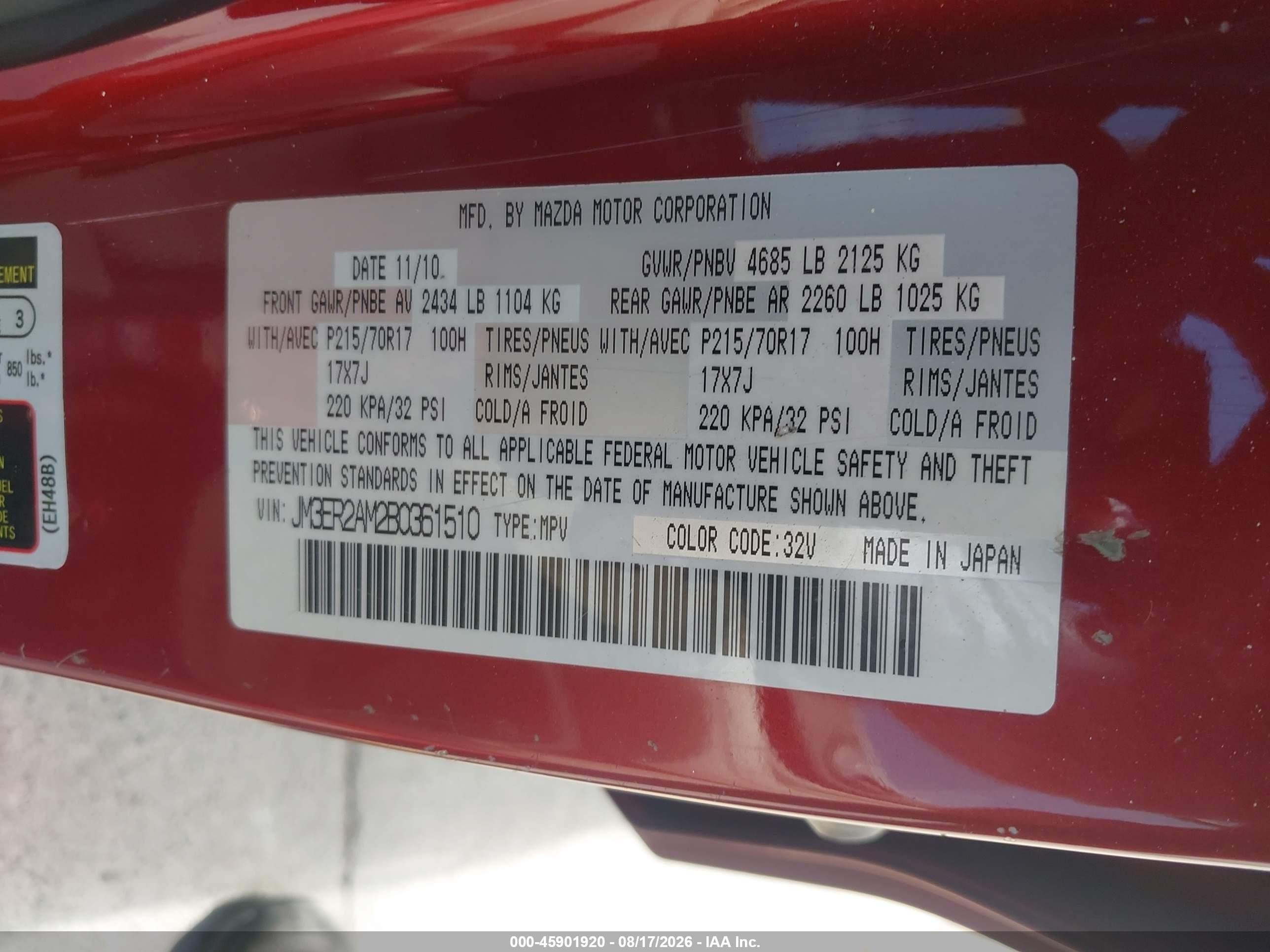 2011 Mazda Cx-7 I Sv Red vin: JM3ER2AM2B0361510