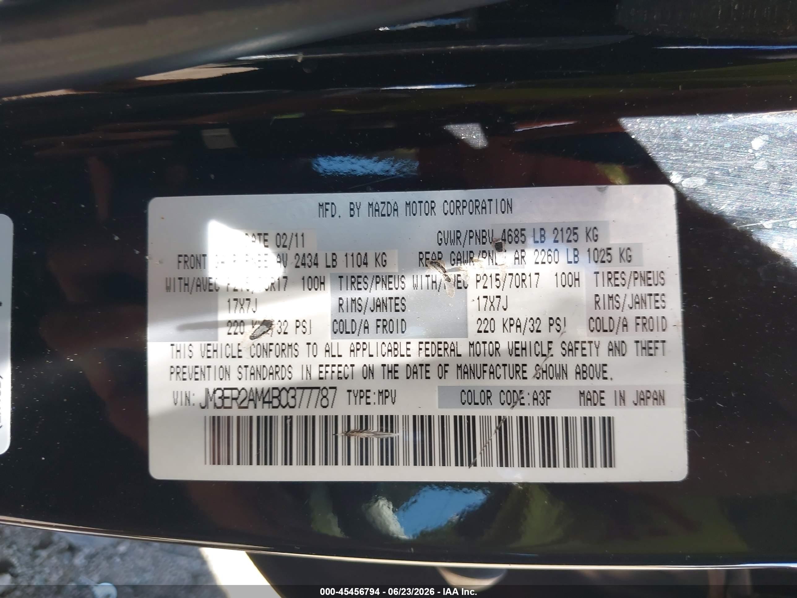 2011 Mazda Cx-7 I Sv Black vin: JM3ER2AM4B0377787