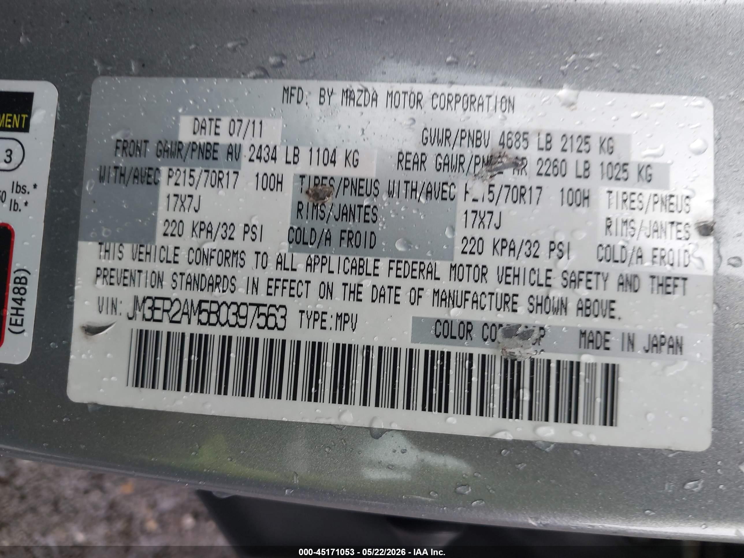 2011 Mazda Cx-7 I Sv Silver vin: JM3ER2AM5B0397563