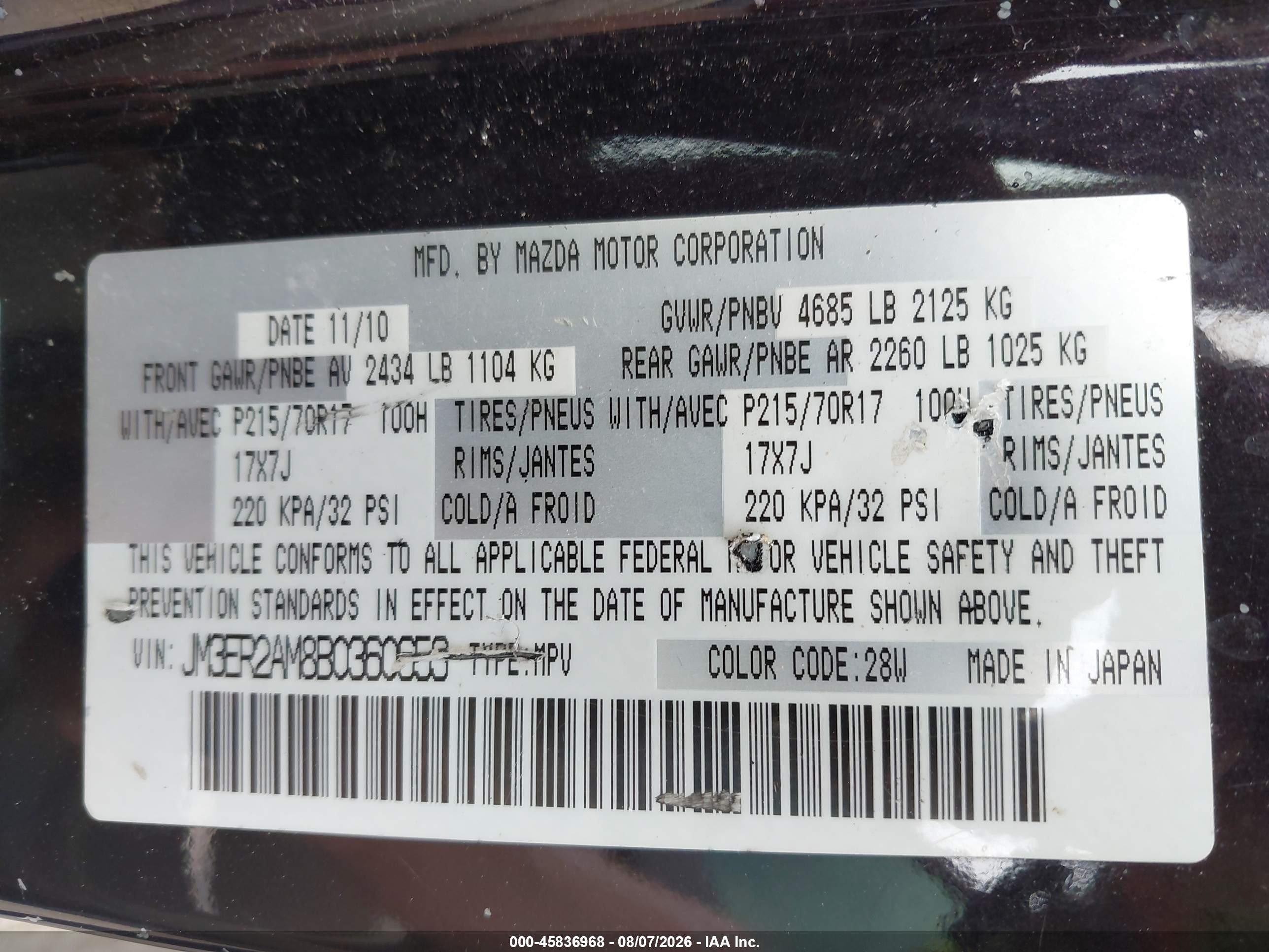 2011 Mazda Cx-7 I Sv Purple vin: JM3ER2AM8B0360653