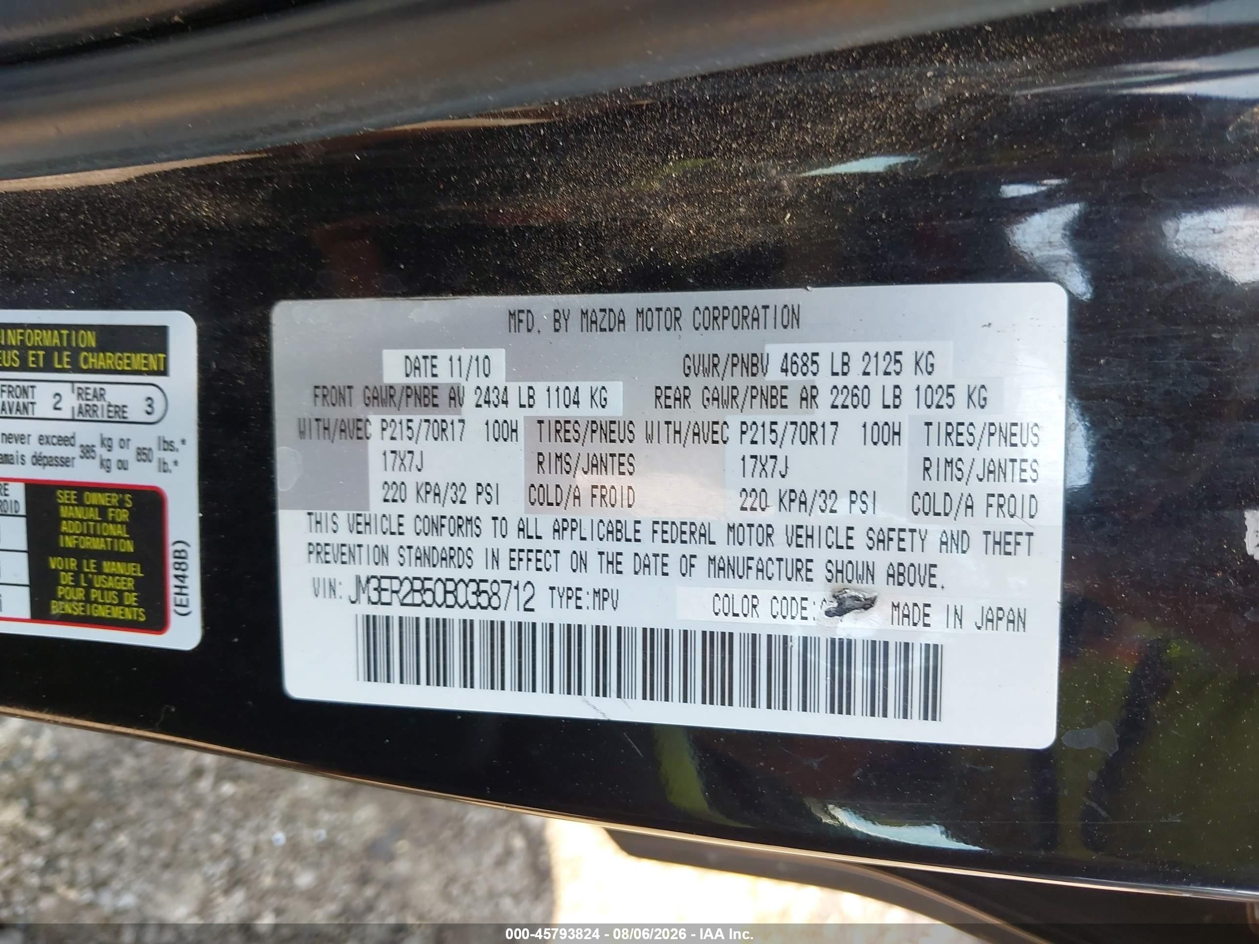 2011 Mazda Cx-7 I Sport Black vin: JM3ER2B50B0358712