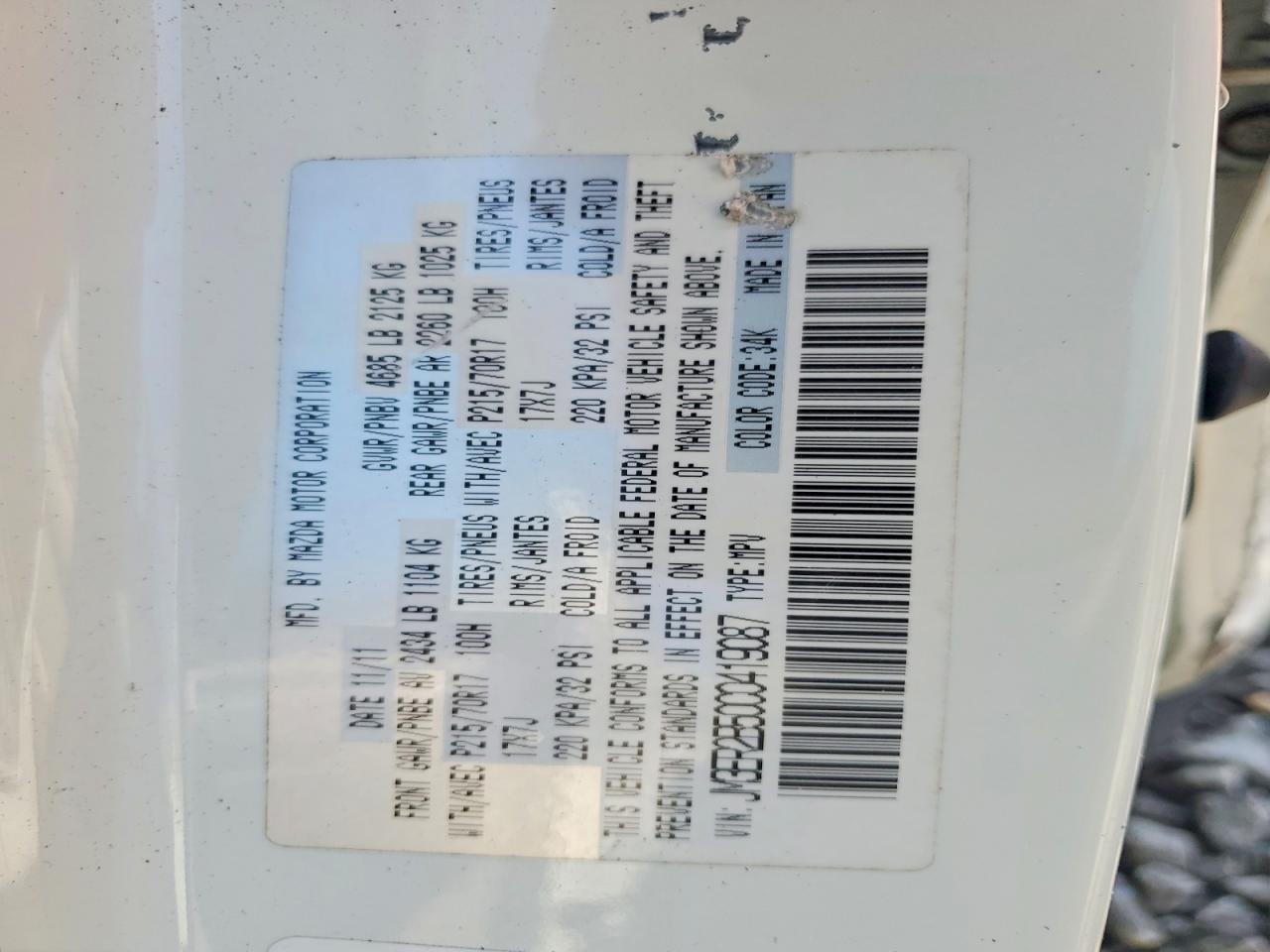 2012 Mazda Cx-7 White vin: JM3ER2B50C0419087